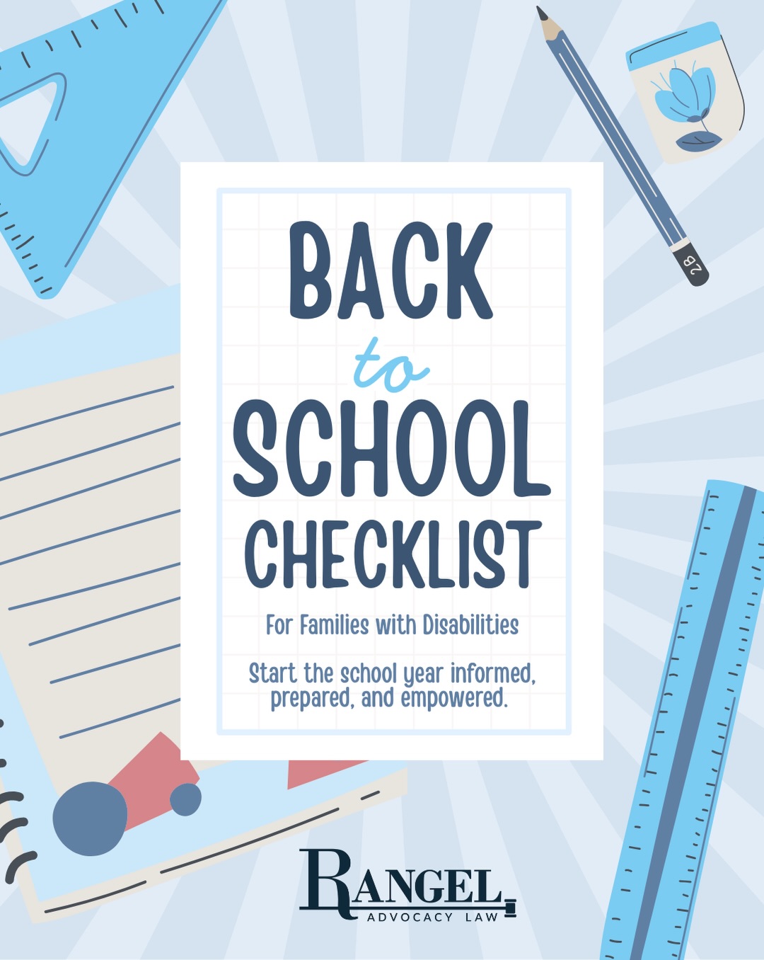 Back-to-school season is here, and preparation can make all the difference. 📚✨
For families of students with disabilities, starting the year informed and organized helps ensure your child’s needs, accommodations, and supports are in place from day one.
Review the IEP or 504 Plan, connect with the school team, ask questions, and keep communication open. Advocacy starts with knowing your child’s rights and being prepared to speak up for what they need. 💙
Save this checklist and share it with a family who may need it this school year.
At Rangel Advocacy Law, P.A., we believe every student deserves the opportunity to learn, grow, and thrive with the appropriate support.
#DisabilityRights #SpecialEducation #IEP #504Plan #RangelAdvocacyLaw