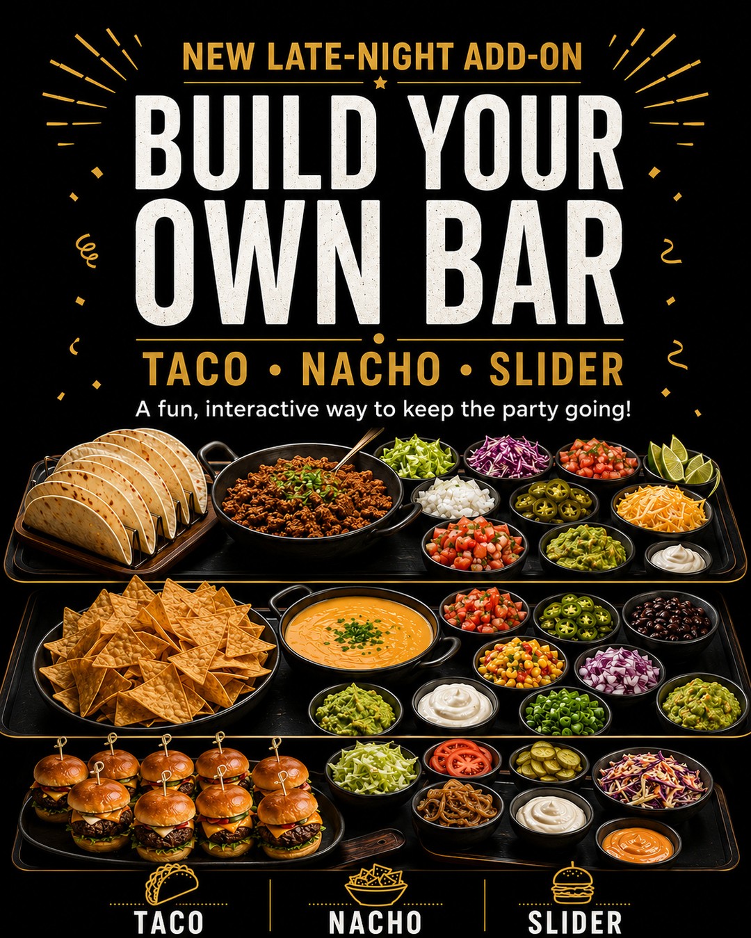 🌮 NEW Late-Night Add-On! 🌮
Keep the celebration going with one of our new interactive late-night options: Build Your Own Taco, Nacho or Slider Bars!
Guests can create their perfect late-night bite with delicious fillings, toppings and sauces. Whether they pile their nachos high, build the ultimate taco or customize a slider, these bars offer a fun and relaxed way to refuel after hitting the dance floor.
Which one would you choose?
🌮 Taco Bar
🧀 Nacho Bar
🍔 Slider Bar
Available as an add-on to our full-service events.
#IndulgeCatering #LateNightFood #WeddingCatering #OntarioWeddings #EventCatering