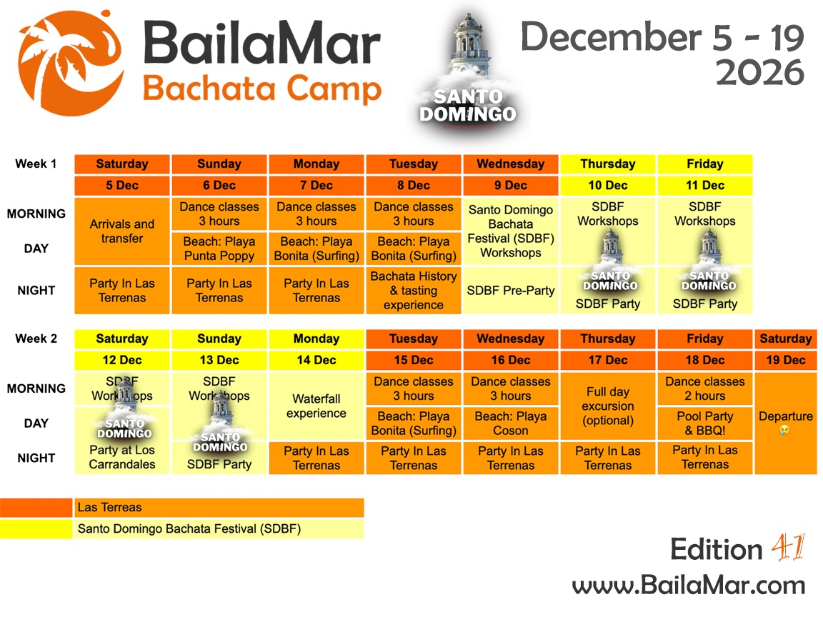 🎉 This December, BailaMar is joining forces with the Santo Domingo Bachata Festival once again — and you’re invited! 💃🏽🌴🇩🇴 Get ready for two unforgettable weeks of bachata, beaches, adventure, and Dominican vibes.
We’re bringing together everything you love about the traditional BailaMar experience in Las Terrenas:
✨ Intensive bachata workshops in small groups
🏝️ Daily beach adventures around beautiful Samaná
💦 Our legendary Pool Party! 🎉
PLUS an incredible festival experience in Santo Domingo, featuring:
🌟 Workshops with international instructors
🎶 Huge bachata parties
🎤 Live concerts
💃🏽 And dancers from around the world!
📅 December 5–19, 2026
What’s included in your BailaMar Package:
🏡 14 nights of accommodation — villas + hotels
🍽️ 3 meals a day in Las Terrenas + breakfast in Santo Domingo
💃🏽 18 hours of small-group bachata workshops
🚐 All program transportation
🌴 Beach tours & adventures
💦 Waterfall trip
🏙️ Santo Domingo city walk
🎉 BailaMar Pool Party
🎟️ Full Pass to the Santo Domingo Bachata Festival — including all festival workshops, parties & concerts!
And this year, you can choose how you want to stay:
🏰 STANDARD — at our beloved Castillo Romano
✨ VIP — in a beautiful modern luxury villa
Two weeks. Two destinations. One incredible bachata adventure. ❤️🔥
Come dance with us, explore the Dominican Republic, make new friends, and experience bachata where it all began. 🫶🇩🇴
📍 More info & registration: BailaMar.com
#BailaMar #BachataFestival #SantoDomingoBachataFestival #BachataHoliday #DominicanRepublic DanceTravel LasTerrenas BachataLife BachataAdventure BachataRetreat