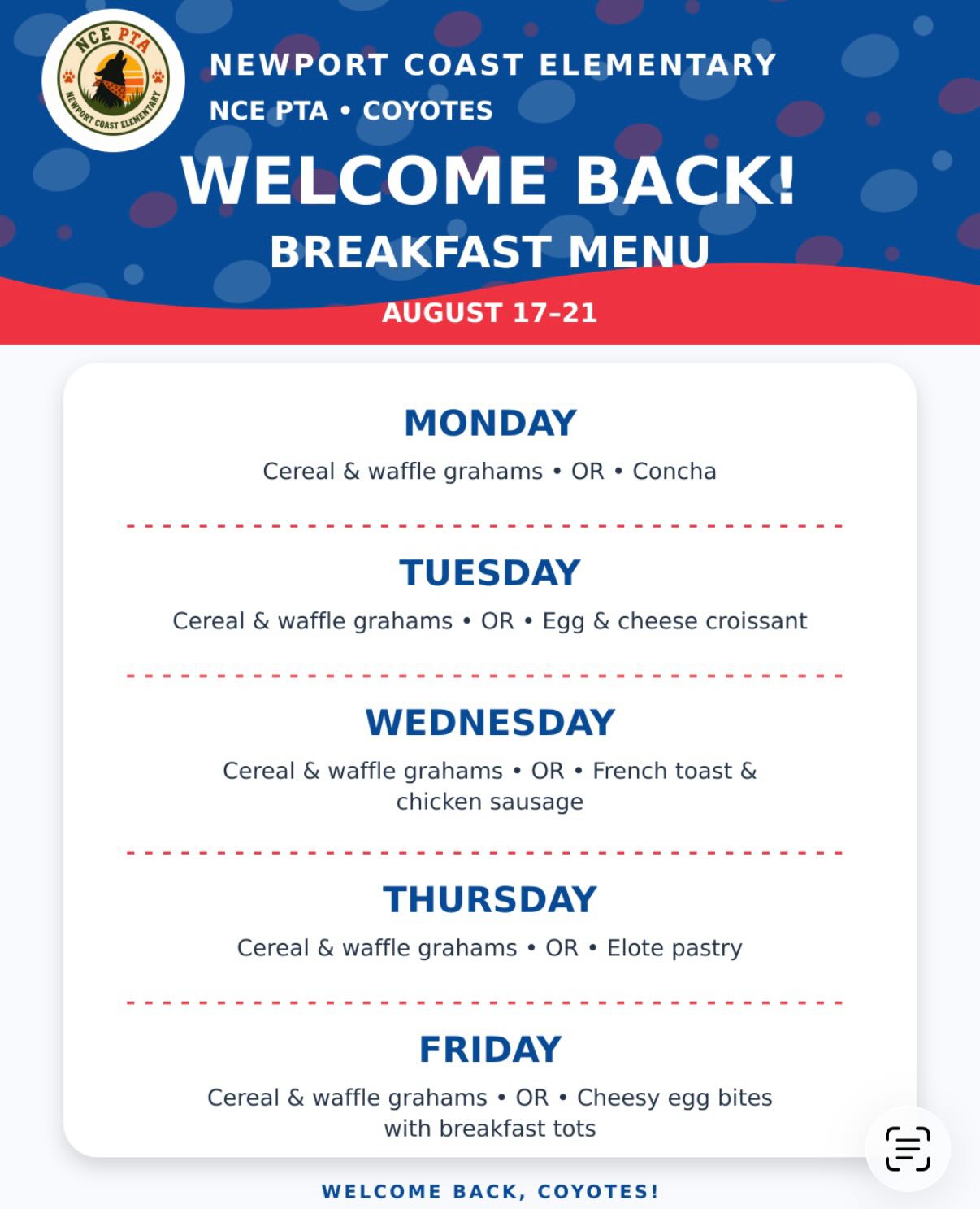 🎉 Welcome back, Coyotes! 🐾
We are so excited to welcome back all of our returning students—and extend a very special welcome to all of our new students and families joining the NCE community! ❤️🤍💙
Be sure to check the NCE Instagram page the day before school starts each week for the upcoming breakfast and lunch menus. 🍎🥪
Here’s to an amazing school year filled with learning, friendship, and fun. We can’t wait to see you all on Monday!
#NCECoyotes #NewportCoastElementary