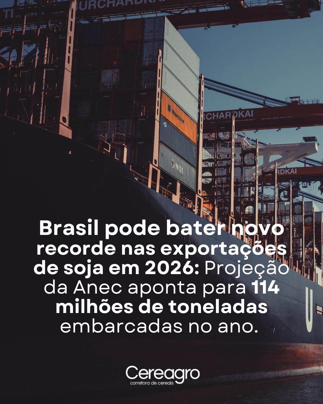 A soja brasileira segue forte no mercado internacional.
A Anec projeta 114 milhões de toneladas exportadas em 2026, volume que pode estabelecer um novo recorde para o país.
Um cenário que reforça a força da demanda externa pela soja brasileira e mantém os embarques em destaque.
Fonte: Anec | Reuters