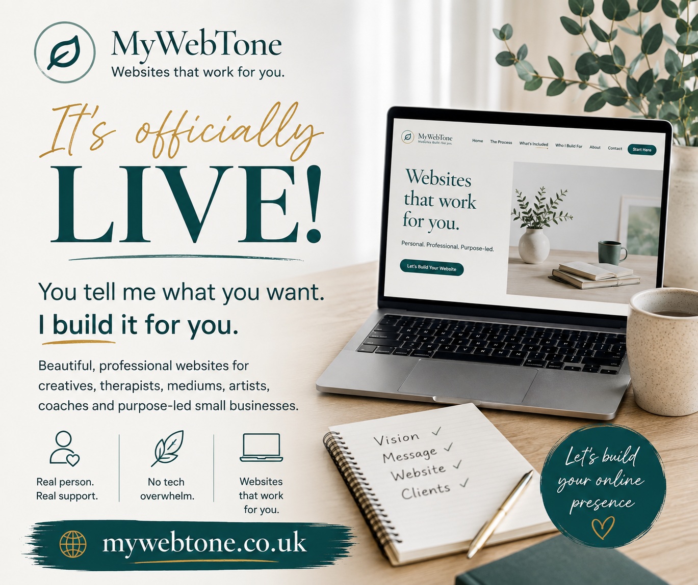 It's officially live 💚
www.mywebtone.co.uk
Hi Everyone! If you or a friend have been thinking about having a website but don't know where to start, don't want to build it yourself, or simply don't want the technical headache, this is exactly why I created MyWebTone.
I build professional websites for mediums, therapists, artists, coaches, spiritual teachers, course creators, and other purpose-led small businesses.
It doesn't have to be a full website either. If you have a course, retreat, workshop or special event coming up, I can create a professional landing page for that too.
You tell me what you want. I build it for you.
Take a look around 💚
www.mywebtone.co.uk
Anne-Marie ❤