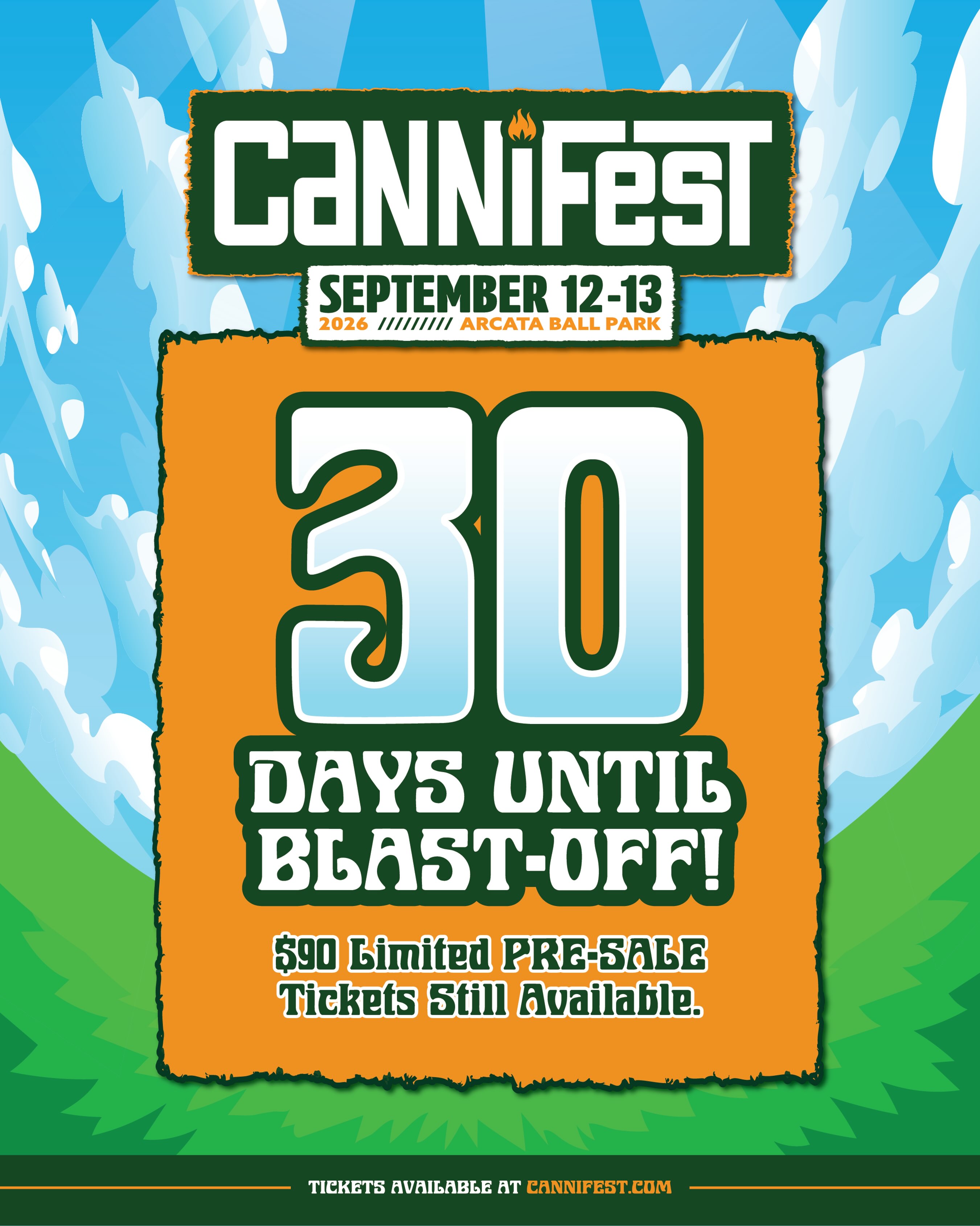 30 Days Till Cannifest 🎶🎸🥁🔥 get your Weekend Presale Ticket at $90 before prices go up September 1st.
Only planning on coming for one day?
Saturday Only: $70 | Sunday Only: $40
Kids 12 & under receive free entry into the festival.
September 12th & 13th | Arcata Ballpark 📍