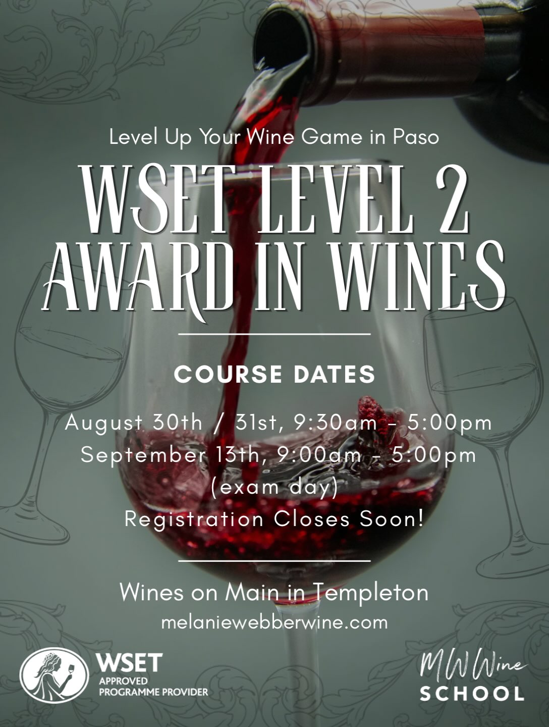 Paso Robles Wine Lovers & Industry Pros — registration closes soon!
Take your wine knowledge to the next level with the WSET Level 2 Award in Wines from MWWine School — coming to the Paso Robles area at the end of this month. Link in bio.
Class Schedule
August 30 & 31 | 9:30 AM–5:00 PM — Part 1 & 2
September 13 | 9:00 AM–5:00 PM — Part 3 + Exam
📍 Wines on Main | Templeton, CA
Registration closes soon
✨ Register ASAP and save 10% with code: SUMMERWINE10
Spots are limited — don’t miss your chance to join us in Paso!
#wine #wineeducation #winetastings #pasorobles #wset