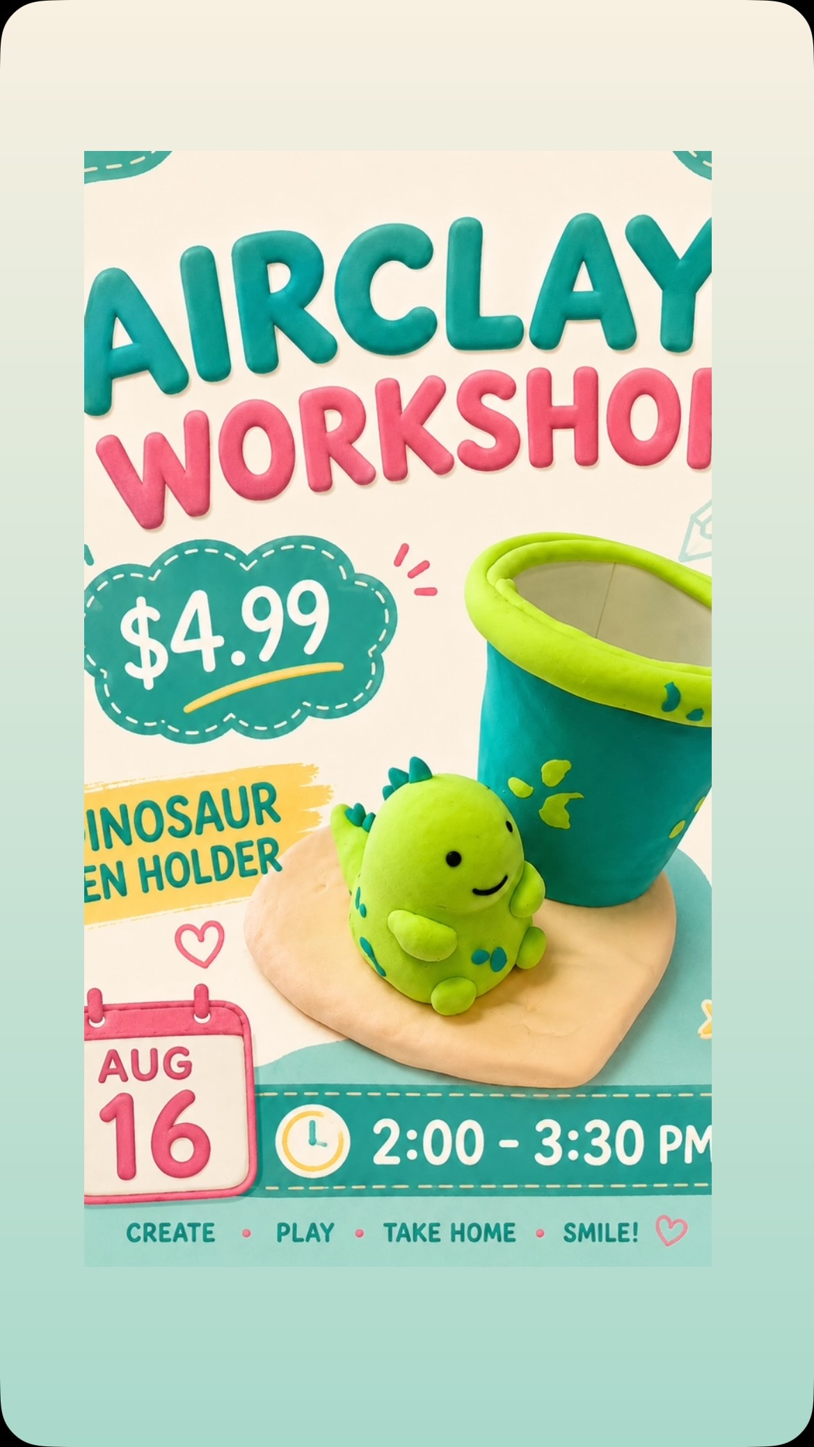 🦕✨ Airclay Workshop is coming to OctoClaw! ✨🦕
Let’s get creative and make your very own Dinosaur Pen Holder using colorful airclay! 🎨💚
📅 August 16
⏰ 2:00–3:30 PM
💰 Only $4.99
🦖 Create • Play • Take Home • Smile!
Perfect for kids who love crafts, dinosaurs, and getting creative! 💕
Spaces are limited, so sign up now!
👉 Register online: www.octoclaw.ca
📍 OctoClaw | Aurora, Ontario
#OctoClaw #AirclayWorkshop #KidsWorkshop #DinosaurCraft #KidsActivities