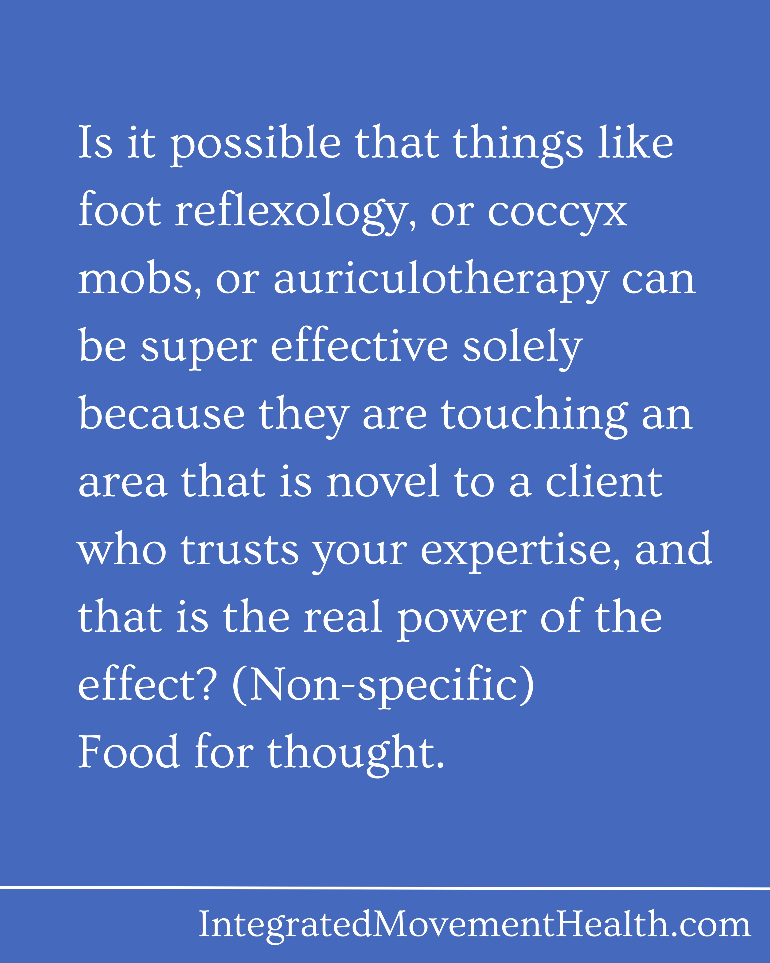 What if I told you that manual therapy specificity is an illusion, and the real power of an intervention lies in the expectations and the novelty of the experience on the nervous system? Makes more sense than the typical quote from skeptics that
“manual therapy doesn’t do anything.”
Right?
⭕️
This will take a moment to sink in, but when it does you will come to a place that science and the evidence out there does actually agree with. And you can simplify your practice, and stress less on getting the “perfect technique” for specific impairments. It’s a win-win. Just think of the last time you took a new course, went to perform the technique, and it worked splendidly, but after checking the notes you did it backwards!
Happened to me all the time.
⭕️
Touch can be amazing. Build trust, decrease fear, desensitize the nervous system, improve immune function, getting one into a more parasympathetic state...
But it also is much less technique specific than we thought say 10-20 years ago. The literature is evolving, and so too must observational physical medicine concepts from both eastern and western schools of thought. #questioneverything #cuptherapybluebox