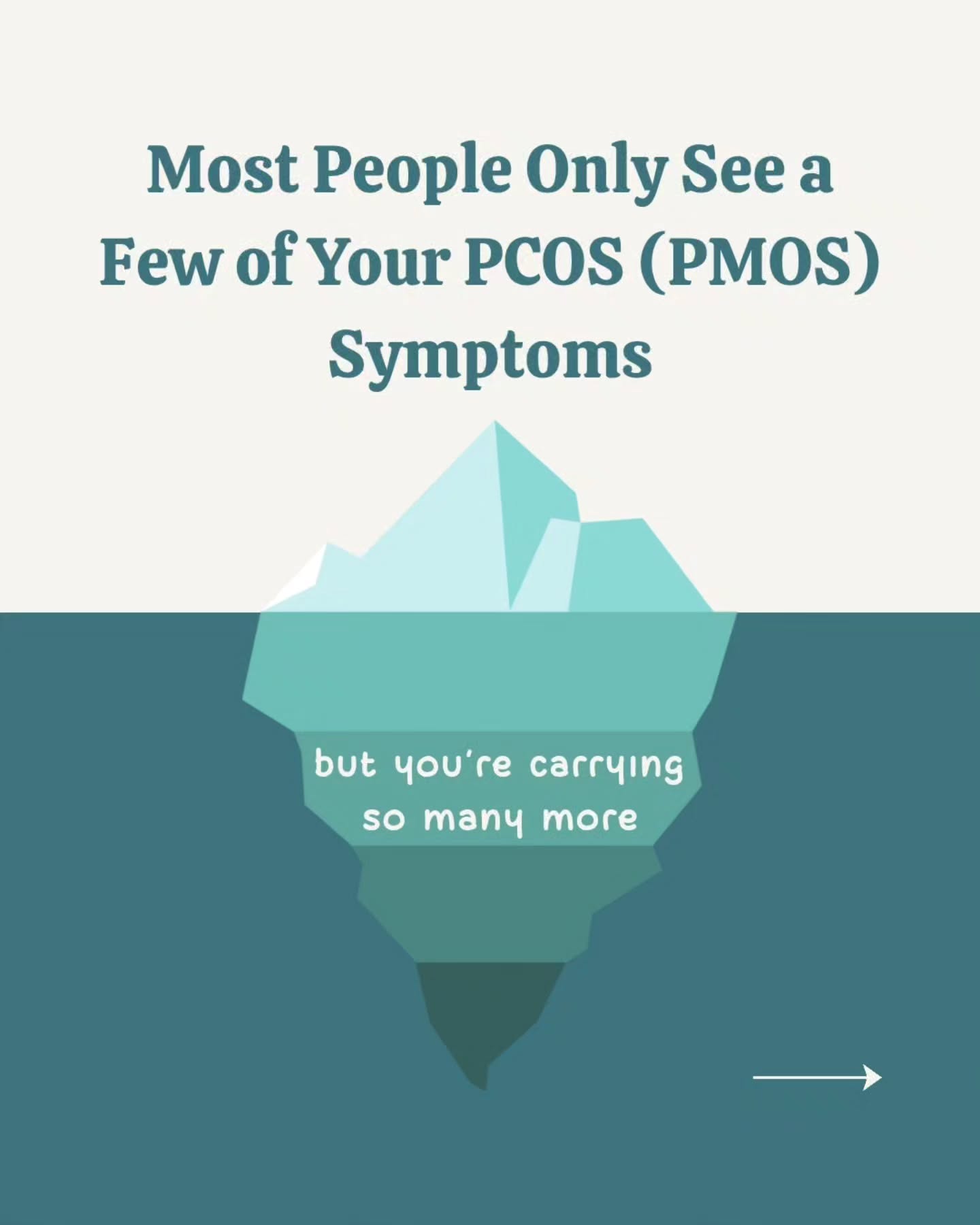 And understanding what's actually driving your symptoms is where things finally start to shift. Take my free PMOS Driver Quiz to give you some clarity, link in my bio.👈
When you see someone with PCOS (now PMOS), you might see someone who cancelled plans again. Someone who's "always tired." Someone who seems anxious for no reason.
What you don't see is the body that woke up already exhausted. The blood sugar crash that made the cravings feel unbearable. The effort no one saw, the things she cut, the things she tried, that still didn't move the needle. The appointments where she brought all of it up and still walked out with nothing. The years of being told everything was fine when nothing felt fine.
PMOS is an iceberg. The surface is what gets seen and everything below it is what she actually lives with.
I know all of this because I've lived most of it. The iceberg isn't a metaphor I picked, it's how I understand my own body.
If you saw yourself in this, send it to someone who needs to see they're not making it up either 💖
