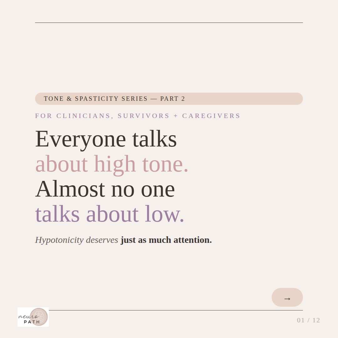 Everyone talks about high tone. Almost no one talks about low.
Hypotonicity is not just “the calm before spasticity.” It carries real risk — joint subluxation, skin breakdown, aspiration risk, delayed functional progress. It deserves the same clinical attention hypertonicity gets.
Part 2 of our tone and spasticity series. Save this. 💙
#Hypotonicity #MuscleTone #NeuroRehab #StrokeRecovery #FlaccidParalysis NeurologicalRehabilitation OccupationalTherapy PhysicalTherapy NEUROPATH WestchesterNY ConnecticutHealth NeuroOT NeuroPT ClinicalPearls BrainInjuryRecovery EvidenceBasedPractice