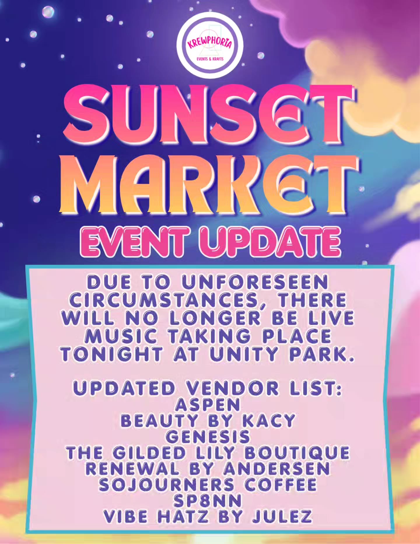Due to unforeseen circumstances, there have been some changes to our Sunset Market lineup tonight. ๐
We sincerely apologize for the big change, as it was completely out of our hands. Weโre still working to make tonight a fun and welcoming evening, and we hope to see you there! ๐
โจ
Thank you so much for your understanding and support! ๐ซถ
