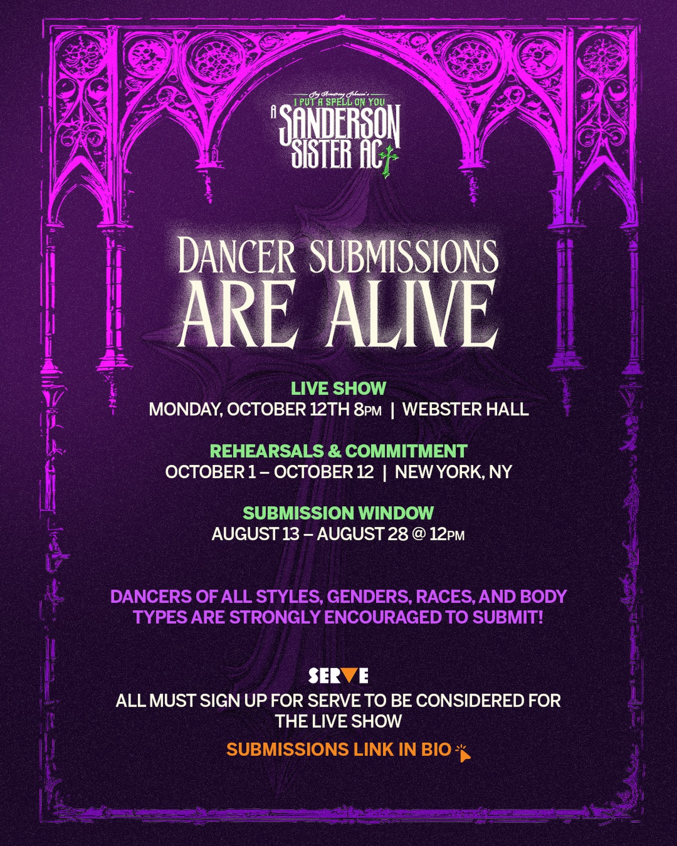 DO THE DEAD DANCE! 💀
Dancer Submissions are ALIVE for A Sanderson Sister Act! Join the coven for our 11th year to benefit the @aliforneycenter and be a part of Broadway’s Biggest Halloween Party! ✨
Submission form in bio! Submissions close 8/28 at noon. 💜
