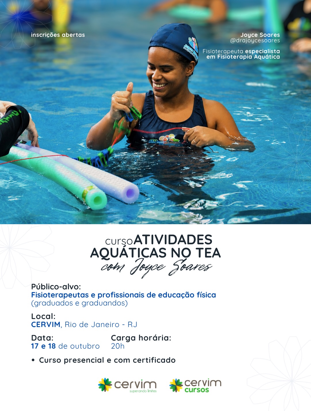 Nos dias 17 e 18 de outubro, o CERVIM recebe a fisioterapeuta Joyce Soares (CREFITO 205078-F), especialista em Fisioterapia Aquática, para uma formação presencial voltada ao aprimoramento da atuação profissional com pessoas com Transtorno do Espectro Autista em ambiente aquático.
Com 20 horas de carga horária, o curso une fundamentação científica, raciocínio clínico e aplicação prática, ampliando as possibilidades de intervenção e favorecendo atendimentos mais individualizados e direcionados às necessidades de cada paciente.
Entre os conteúdos abordados:
• Capacitação para atuação com pessoas no TEA em ambiente aquático
• Propriedades físicas da água e efeitos fisiológicos da imersão
• Estratégias práticas para atendimentos mais eficazes e individualizados
• Ferramentas para enriquecer a prática terapêutica
• Prática baseada nos enfoques psicomotores em ambiente aquático
• Intervenções fundamentadas em evidências científicas atuais
• Aprimoramento da conduta profissional no atendimento à pessoa com TEA
Uma formação para profissionais que desejam compreender o ambiente aquático para além do exercício, utilizando seus recursos de forma intencional, técnica e fundamentada dentro do processo terapêutico.
📅 17 e 18 de outubro de 2026
⏱️ Carga horária: 20 horas
📍 Presencial no CERVIM | Rio de Janeiro
Inscrições abertas.
#CervimCursos #TEA #FisioterapiaAquática #Autismo #Reabilitação