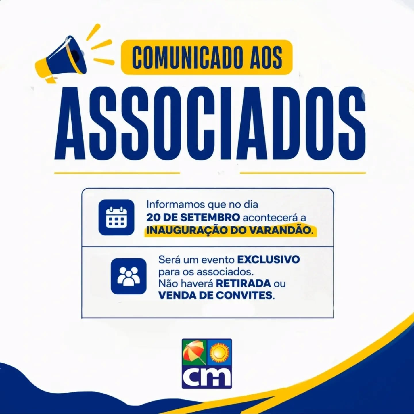 📢 COMUNICADO AOS ASSOCIADOS!
Está chegando um momento muito especial para o nosso clube! 💙💛
No dia 20 de setembro, teremos a inauguração do Varandão do Clube Recreativo Mineiro. 🎉
O evento será exclusivo para associados e, por isso, não haverá retirada ou venda de convites.
Esperamos todos vocês para prestigiar essa nova conquista e celebrar juntos! 💙💛
Clube Recreativo Mineiro — nosso clube, nossa família!