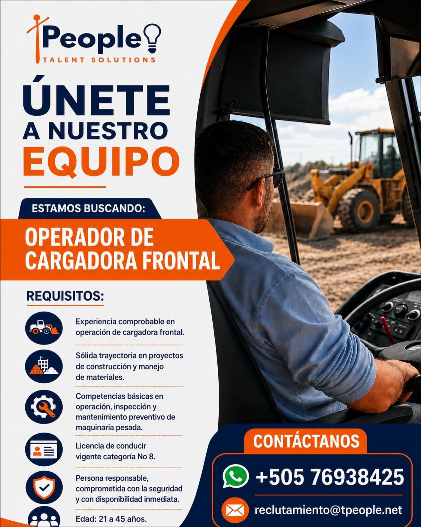 ¿Tenés experiencia operando retroexcavadora? 🚜 Esta oportunidad puede ser para vos.
En TPeople buscamos talento con experiencia, responsabilidad y compromiso para integrarse a nuevos proyectos de construcción.
✅ Experiencia comprobable
✅ Licencia Categoría 8 vigente
✅ Disponibilidad inmediata
📲 WhatsApp: +505 76938425
📧 reclutamiento@tpeople.net
Tu experiencia mueve grandes proyectos. Da el siguiente paso con TPeople.
#TPeople #TalentSolutions #TalentoQueTransforma #ConectamosTalento #OportunidadesLaborales