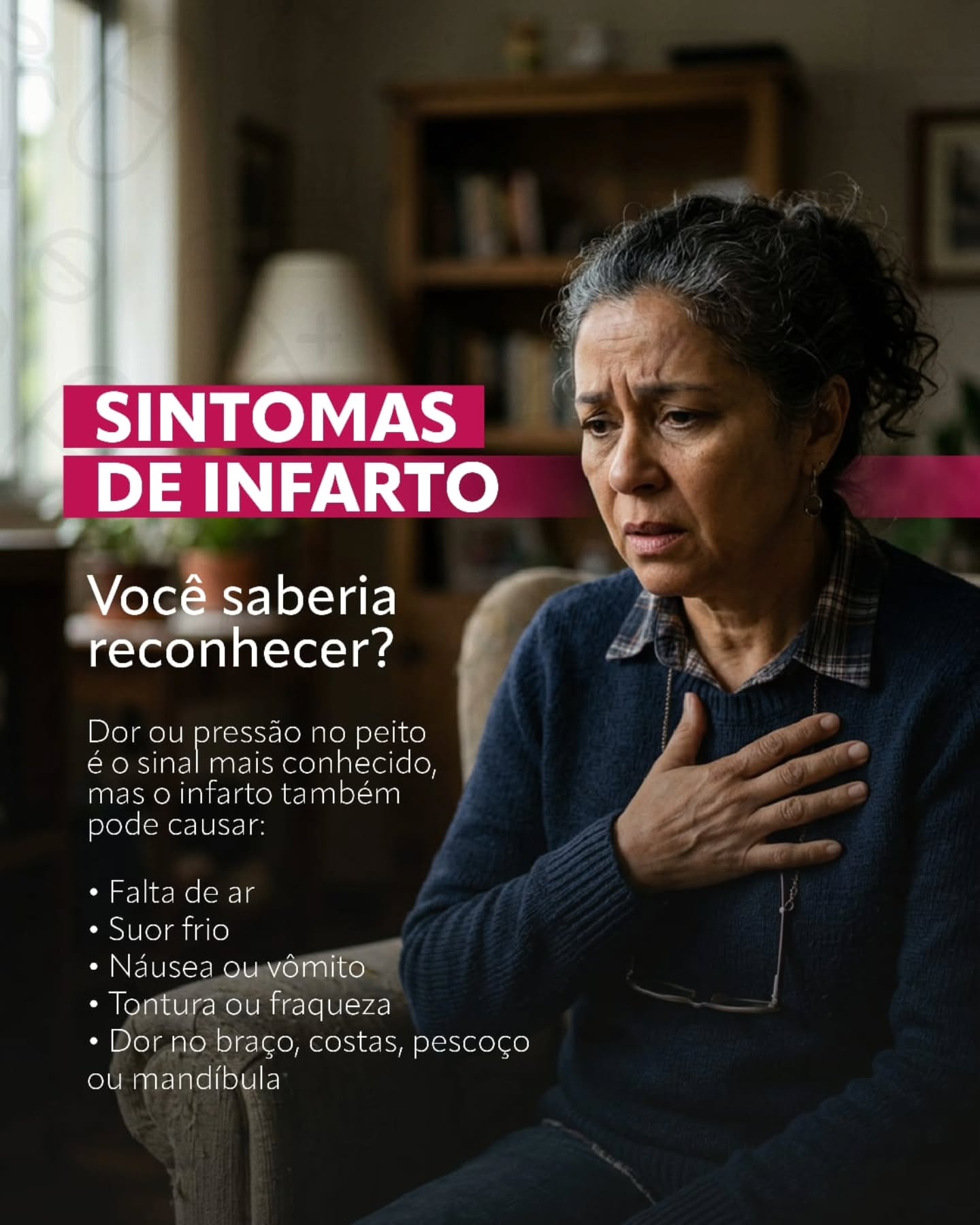🚨 *Você saberia reconhecer os sinais de um infarto?*
Quando falamos em infarto, muita gente pensa imediatamente em uma dor forte no peito. Mas os sinais podem ser diferentes — e, em alguns casos, mais sutis.
⚠️ Fique atento a sintomas como:
• Dor ou pressão no peito
• Falta de ar
• Suor frio
• Náusea ou vômito
• Tontura ou fraqueza
• Dor no braço, costas, pescoço ou mandíbula
E atenção: nem todo infarto apresenta os mesmos sintomas. Algumas pessoas podem sentir apenas falta de ar, cansaço intenso ou mal-estar.
Se os sintomas surgirem de forma súbita, intensa ou diferente do habitual, não espere passar. Infarto é uma emergência e exige atendimento médico imediato.
❤️ Informação pode salvar vidas.
Salve este post e compartilhe com quem você ama.
#Infarto #SaúdeDoCoração #Cardiologia #Coração #Prevenção Saúde DrFernandoFrazao