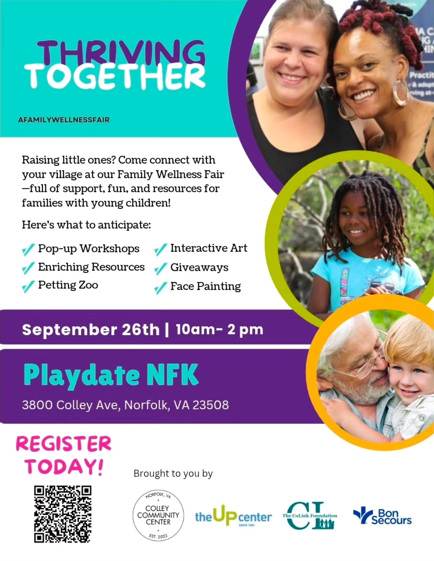 ✨ THRIVING TOGETHER: A FAMILY RESOURCE FAIR ✨
Families deserve access to the resources, connections, and support they need to THRIVE, and we’re bringing it all together in one place!
Join Colley Community Center and The Up Center for the 2nd Annual Thriving Together: A Family Resource Fair, and this year, we’re excited to welcome The CoLink Foundation and PlayDate NFK as community partners! 🎉
Together, we’re bringing families an even bigger day of connection, resources, support, and fun on Saturday, September 26, 2026! 💚
This FREE, family-focused community event will feature:
💚 Local community resources
🧠 Wellness & health support
📚 Educational opportunities
🎨 Creative & family-friendly activities
🤝 Community connections
🎁 Giveaways & surprises
👨👩👧👦 Something for every age!
Whether you’re looking for support, discovering new resources, meeting local organizations, or simply looking for a fun day with your family—there’s something for you!
📅 Saturday, September 26, 2026
📍 PlayDate NFK 3800 Colley Ave Norfolk, VA 23508
🎟️ FREE admission! (Registration required, link in bio)
Come connect. Come learn. Come have fun. Most importantly, come THRIVE TOGETHER! 💫
Tag a neighbor who needs to know about this! 👇🏾
#FamilyResourceFair #ColleyCommunityCenter #NorfolkFamilies #FamilyFun #757Community