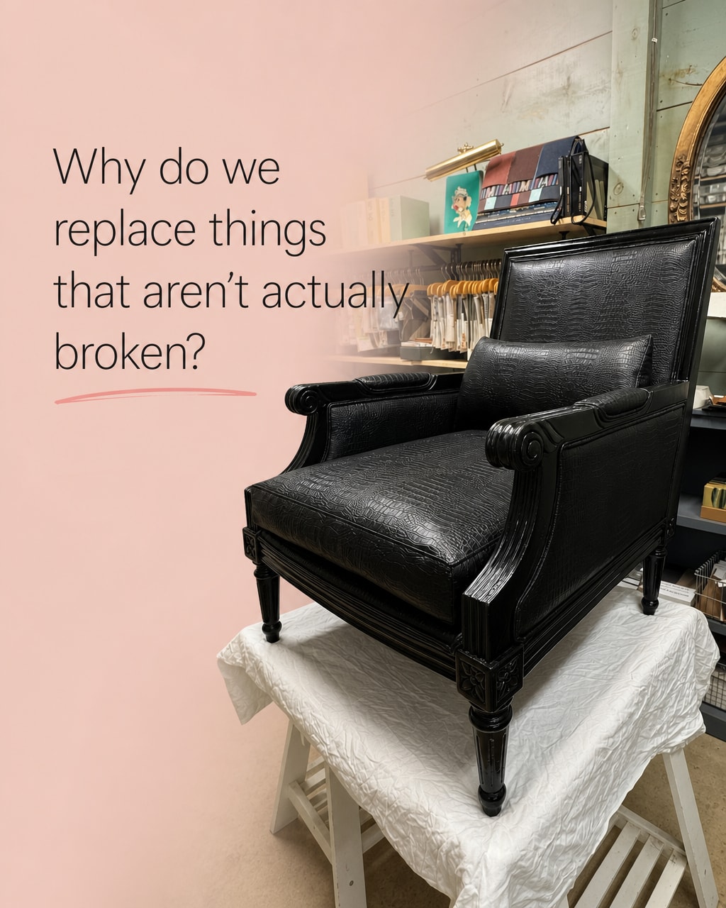 The sofa you're about to replace probably has another 40 years in its frame.
That's the thing we keep coming back to. Most furniture doesn't fail from the inside. It just looks like it did.
Think of a good pair of leather boots. The soles wear thin, and it's easy to call them done. But the upper is still perfect. The stitching still tight. The shape still there. Nobody throws out the whole boot. They resole it, and they wear it for another ten years.
Furniture is the same. The frame outlasts everything you can see from the outside. Underneath the faded, tired fabric, the bones are usually just fine.
We've started calling it sunk beauty. Structural value hidden beneath a surface that has simply aged. It's the reason so many good pieces end up at the curb, guilt and all, when replacing feels cheaper than caring for what you already have.
But not everything needs to end up in a landfill. Sometimes, like this chair, a piece just needs new fabric, a little attention, some paintand someone willing to trust the good bones beneath the wear.
Before you let something go, it's worth asking what's actually broken. Often, it's only the covering. 🌿