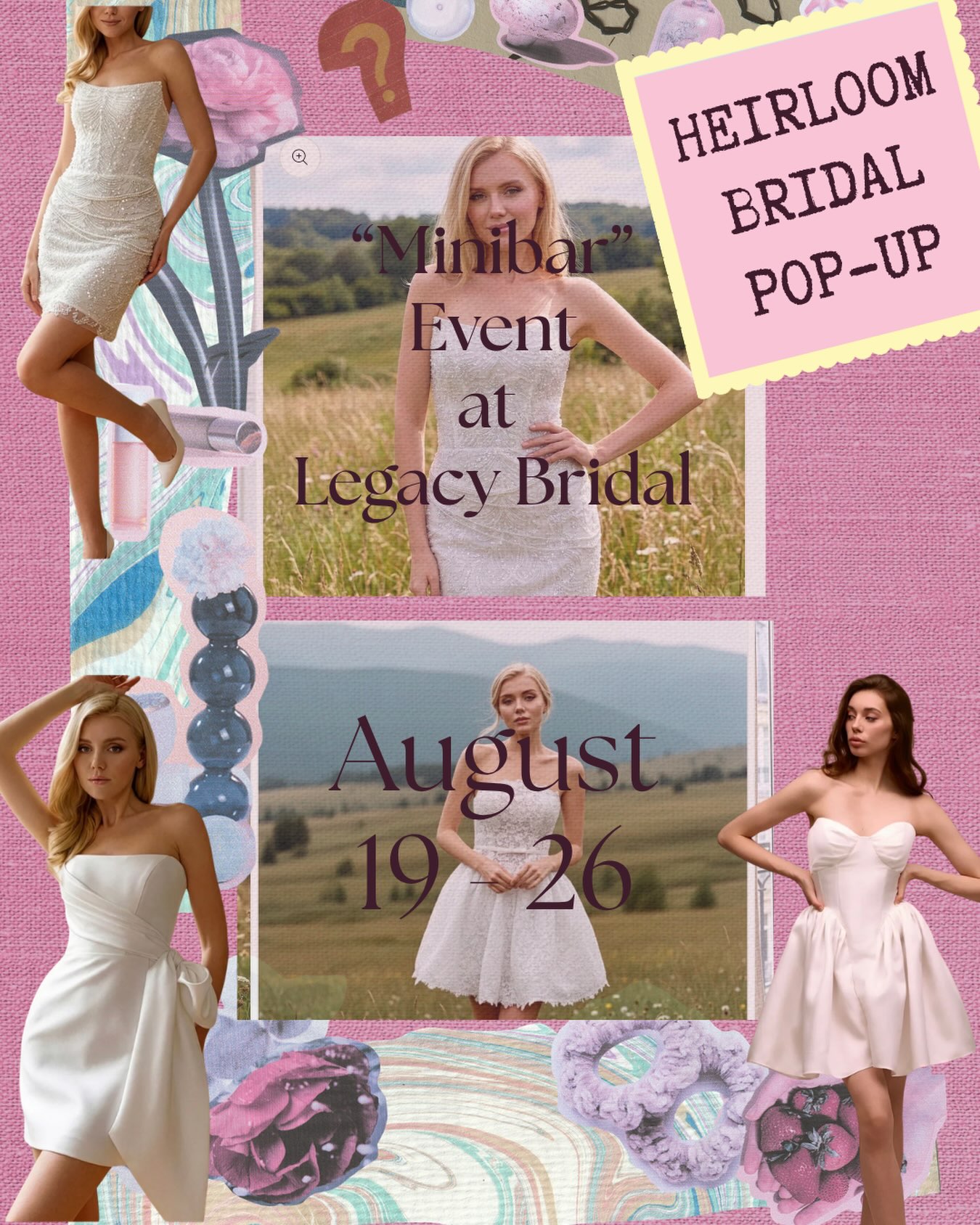 Our Minbar Pop Up with @heirloombridalcompany is
going to be SO fun!🩷
August 19-26, we will have exclusive mini gowns in the shop, as well as sweatshirts, pajamas, and stunning new veils! All in store for a limited time! Stay tuned to see more exclusive items.🩷
Each purchase from our “minibar” will come with a mini bottle of champagne or sparkling cider!
Appointments are limited, book today to get the reception dress, bridal shower look, or bachelorette party pieces of your dreams!🩷
#receptiondress #bachelorettparty #bridalshower #minibar #veils