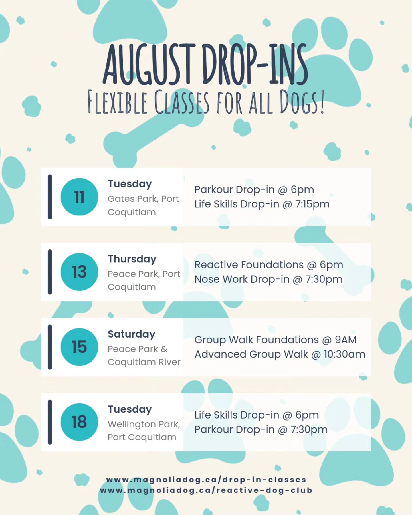 🐾 August Drop-Ins are live + September registration is OPEN!
Whether your dog is brand new to classes, has big feelings, or you’re just looking for a flexible way to train and socialize — you’re welcome here.
Most of our classes are suitable for new participants, and there are no requirements to join any of the drop-ins. Come as you are.
We’re also happy to be bringing some Maple Ridge drop-in dates back!
You’ll find parkour, life skills, nose work, group walks, and support for reactive dogs.
Note: Registration for drop-ins closes 2 hours before class starts.
The new 6-week September classes have limited spots (only 4 teams per class) and include bonus drop-in packs.
Full schedule is in the flyer 👆
Details & registration: magnoliadog.ca
We’d love to see you out there 🐶