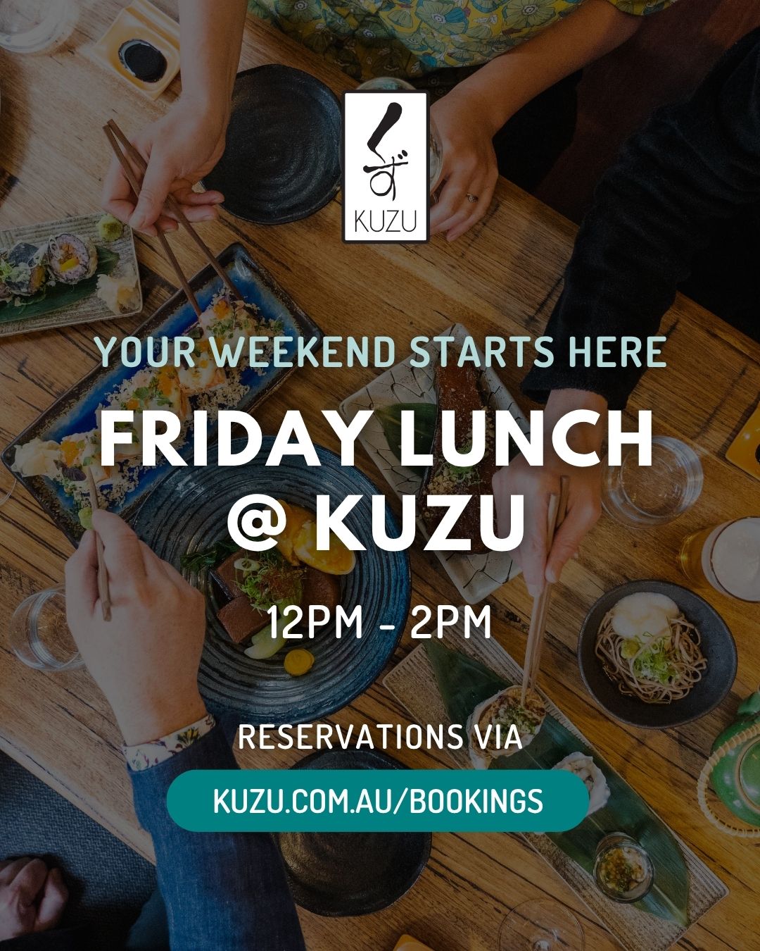 A friendly reminder that Friday lunch at Kuzu is no longer a well-kept secret. Tables are going fast, and we'd hate for you to miss out on a table of Izakaya share plates and a very good Friday afternoon. Book ahead — 12pm – 2pm every Friday, reservations through the website.