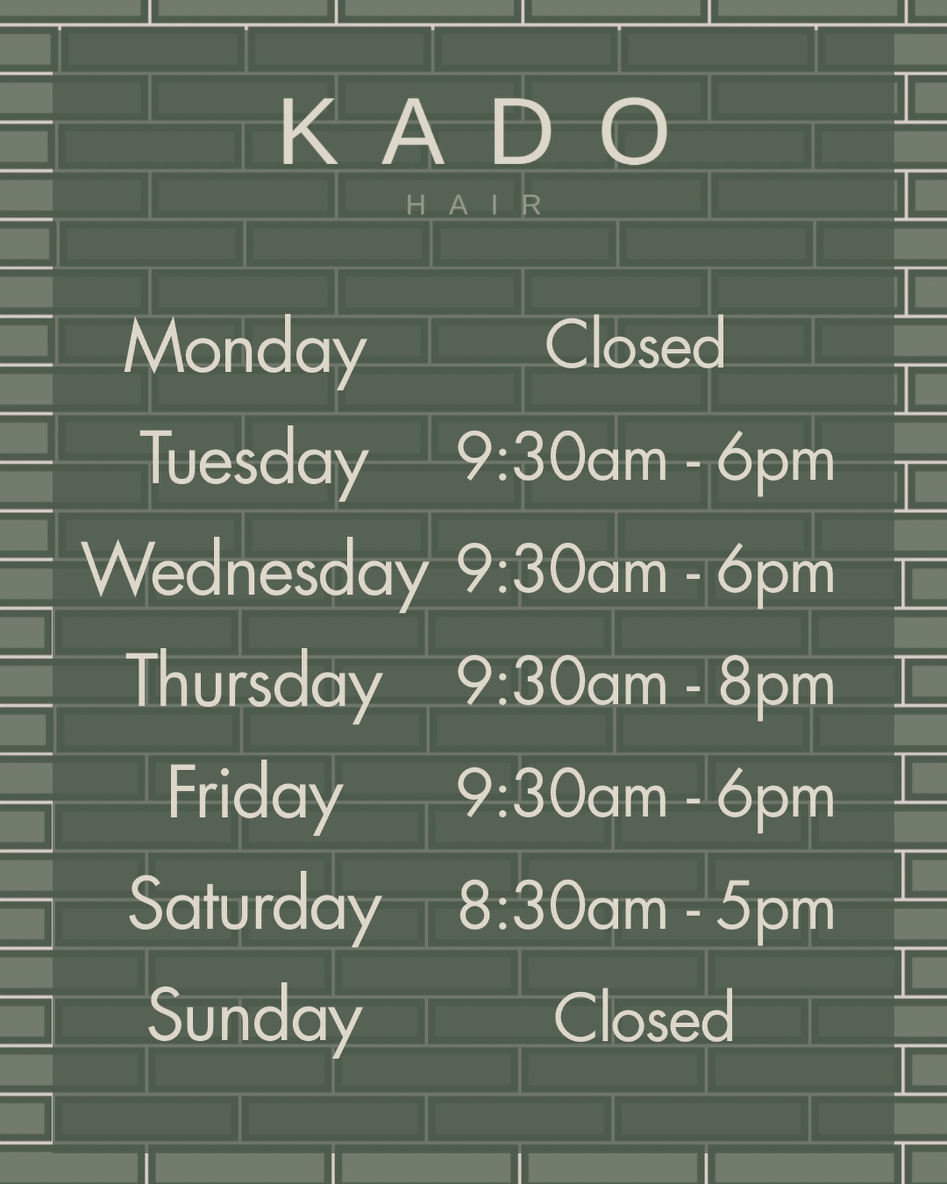We have updated our opening hours π
From now on, we will be closed on Mondays.
Weβre making this small change to give our team some well-deserved time to rest and recharge, ready to give you our very best when weβre back in the salon.
Although weβre closed, our emails and DMs will still be open on Mondays if you need to get in touch. Weβll get back to you as soon as we can.
#kadohair #sheffieldsalon #sheffieldhairstylist #sheffieldcolourist