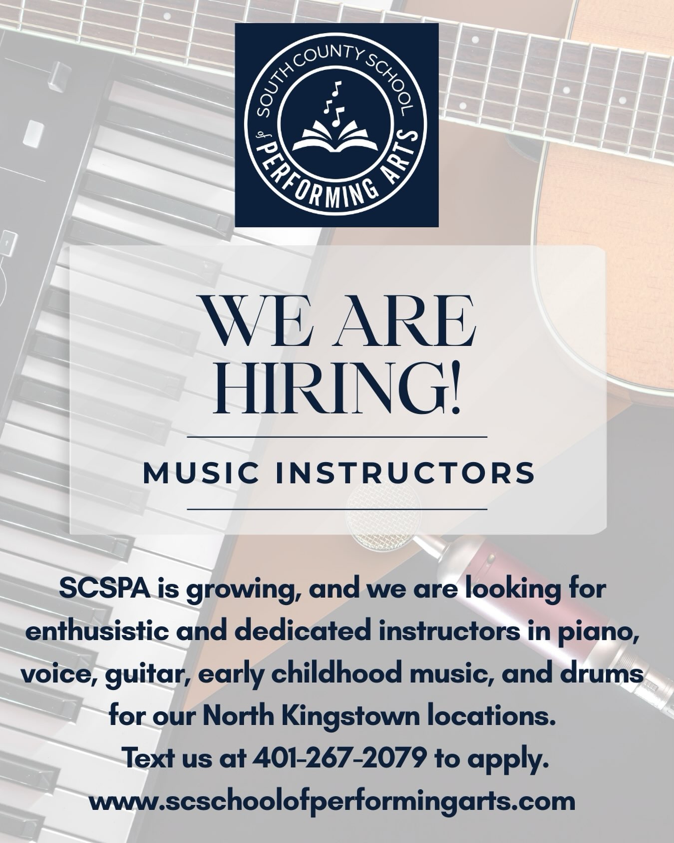 SCSPA is growing, and we are looking for enthusiastic and dedicated music instructors for piano, voice, guitar, drums, and early childhood music for our North Kingstown locations. Text us at 401-267-2079 to inquire.