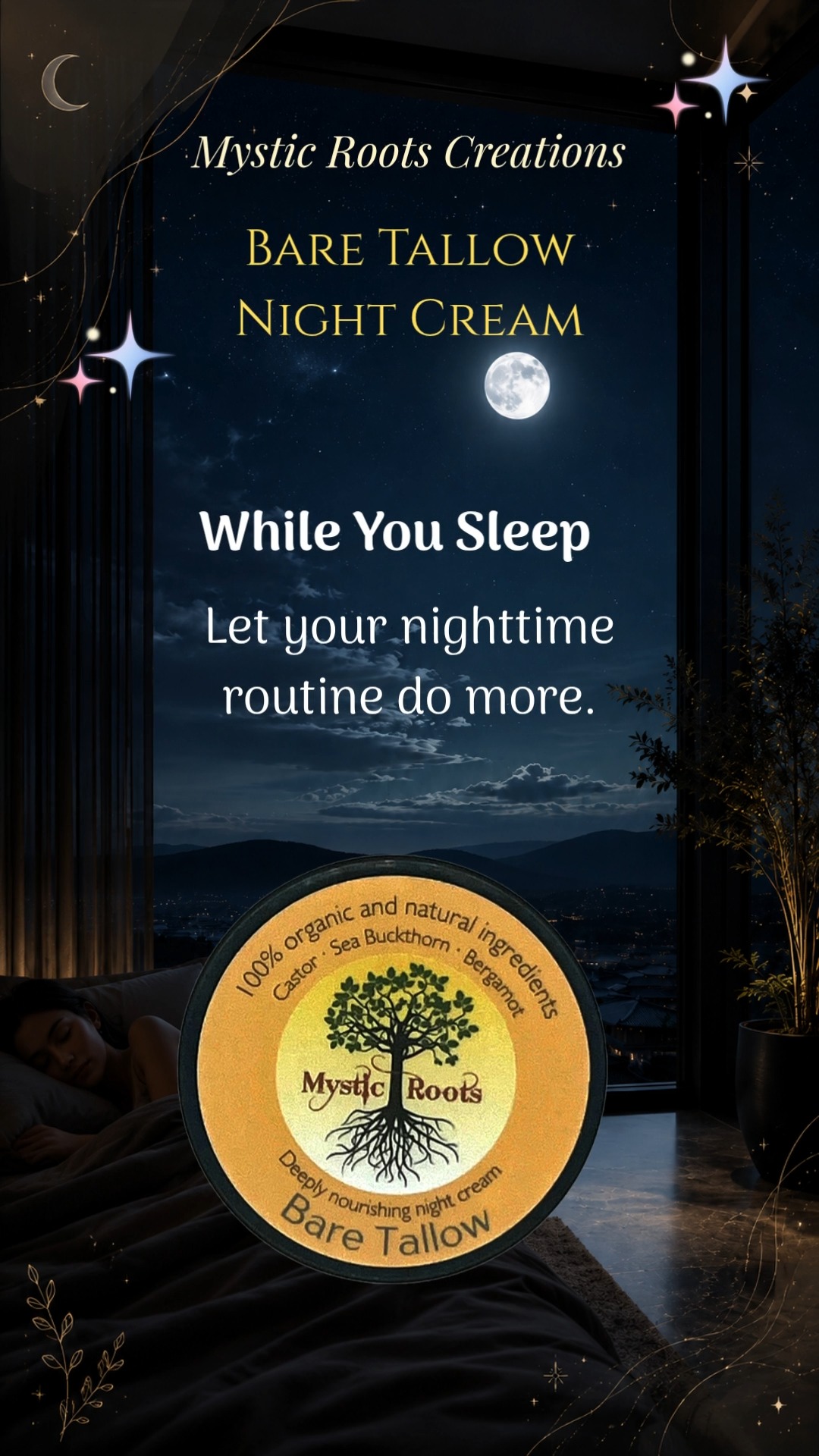 While you sleep, your skin enters its natural renewal mode. 🌙
Mystic Roots Bare Tallow Night Cream deeply nourishes and supports the skin’s overnight repair process—helping replenish lost moisture, comfort dryness, and strengthen the skin barrier.
Apply before bed and let its rich, gentle care work through the night, so you can wake to skin that feels softer, calmer, and beautifully restored.
Your skin rests. Bare Tallow does the rest. ✨