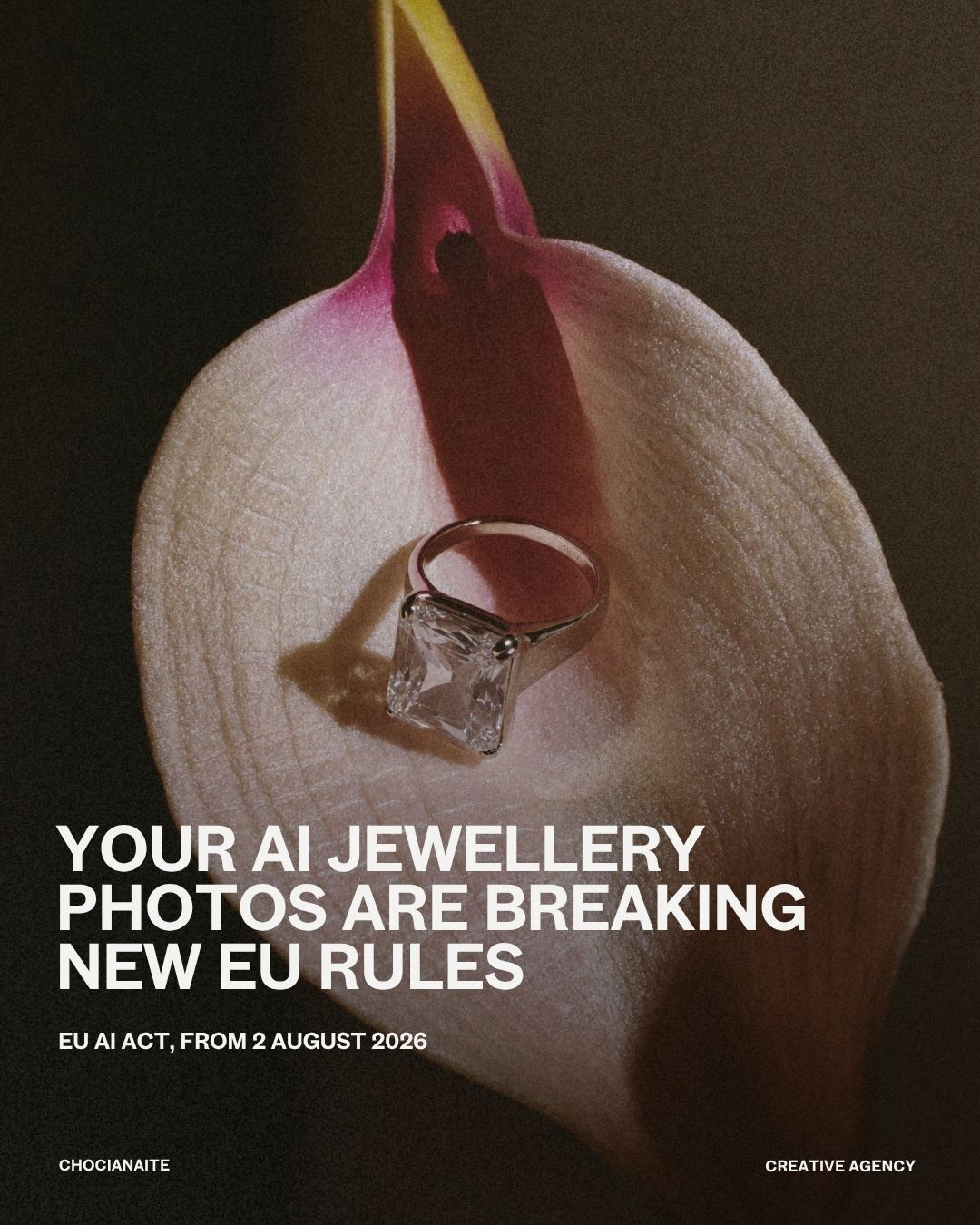 From 2 August 2026, EU rules say customers must be told when an image was made by AI and when a chatbot is an AI chatbot. Intent does not matter, so even a simple, flattering, harmless AI product shot is still in danger of being flagged.
The rule in one line: if it looks real, but AI made it, EU AI act clauses apply to it.
Save this post. You will want to go back to it when your next campaign goes to production.
Want this kind of breakdown before it lands in your inbox as a problem? Subscribe to the Jewellers' Intelligence Brief. Here we cover regulation, market data and launch strategy for jewellery brands. Link in bio.
Every image in this carousel was created with AI.