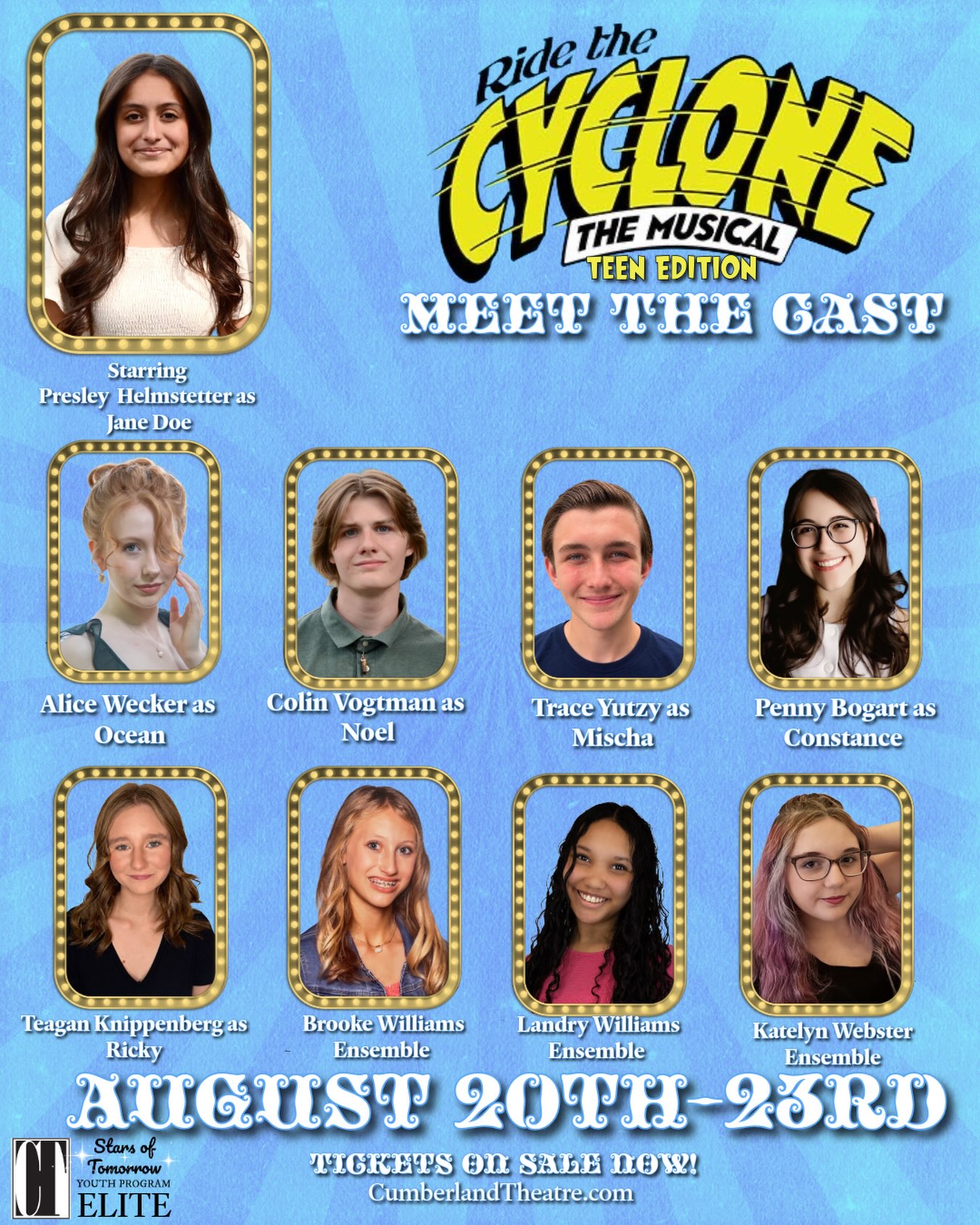 Meet the incredible cast of RIDE THE CYCLONE!
The Wheel is spinning, the stakes are high, and nine extraordinary students are about to find out what happens when the afterlife gives them one last chance to tell their story.
Equal parts spooky, hilarious, heartfelt, and wildly unexpected, Ride The Cyclone is spooky family fun that is appropriate for audiences of all ages.
And the best part? Tickets are NOW ON SALE!
Join us THIS THURSDAY–SUNDAY, August 20th–23rd, with both matinee and evening performances available.
Tickets are available now at cumberlandtheatre.com
So sit down, buckle up, and remember…. It’s Just A Ride.
#RideTheCyclone #LiveTheatre #DMVTheatre #MarylandEvents #SummerTheatre