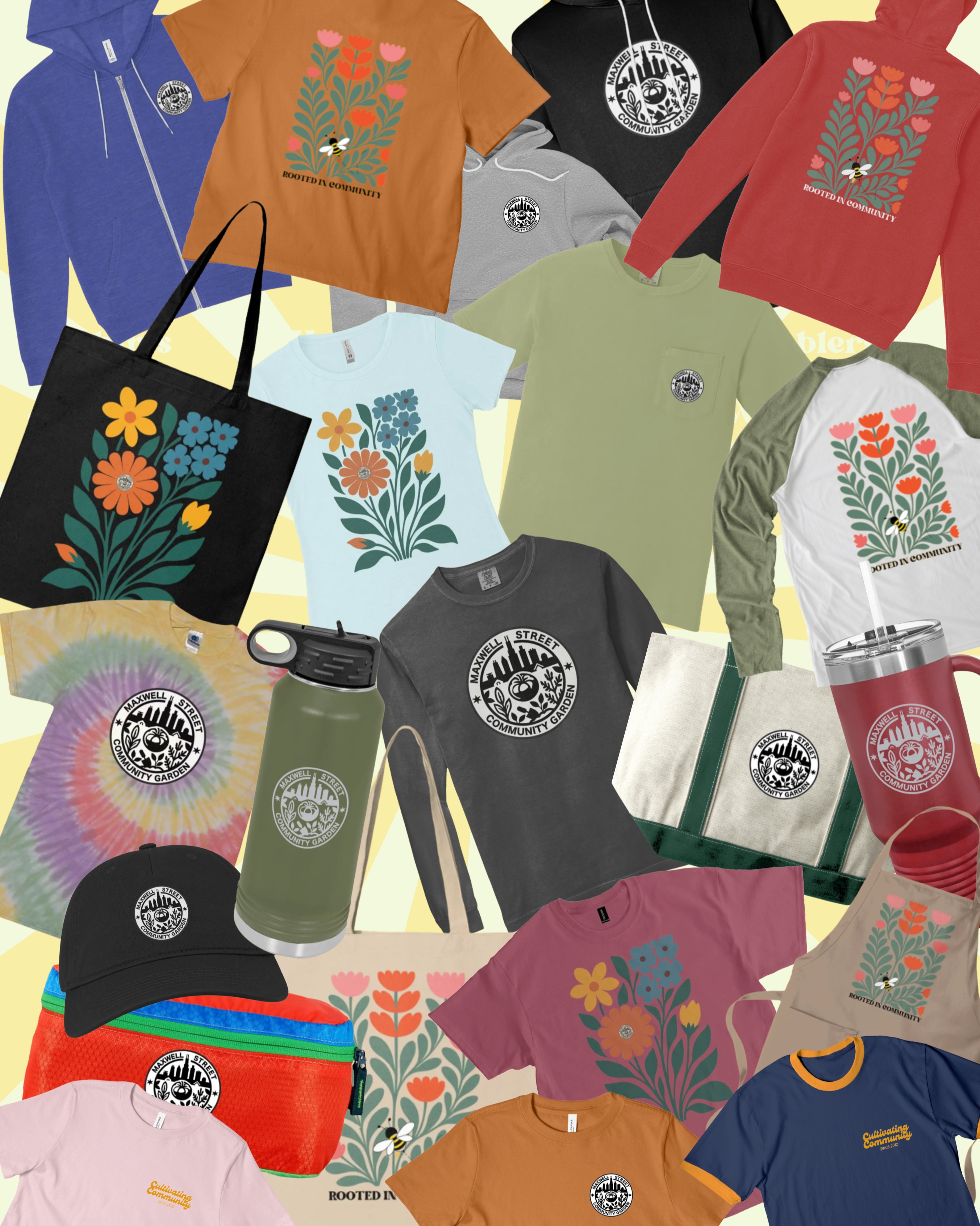Maxwell Street Community Garden now has a fully functioning merch store! You can now support the garden around town with clothing, water bottles, tumblers, tote bags, and more!
At Maxwell Garden we grow more than just food — we grow community. Rooted in sustainability and driven by a spirit of connection, our garden is a living hub where individuals and families can nourish their bodies, nurture the earth, and thrive together. From organic plots to open green spaces, and from free community events to partnerships with purpose, MSCG cultivates a greener, healthier, and more compassionate future for all. As a result, in addition to our garden logo, we have two theme lines that are near and dear to our mission. “Cultivating Community” and “Rooted in Community” reach beyond our garden mission and into the greater community.
The main store is open and will remain so with new designs and styles as they become available. We also have two short term campaigns with specialty products that are not available on the main store platform. These items will be available for only a few weeks. Our garden website now has a “merchandise” page that will always have the most up to date links for the main site as well as special campaigns.
A small portion of sales from these items comes back to MSCG. These funds help further support ongoing operations in the garden as well as community programming and events. Please look at the main website as well as special campaigns and let us know if you have any questions. These items not only support the garden but make great gifts for the gardening and community minded individuals in your life.
To access the stores, see our website or use the links in our bio!