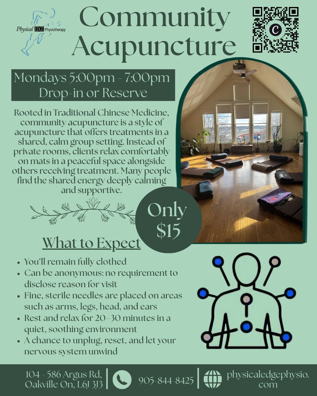 Looking for a simple way to pause, reset, and give yourself a moment to unwind? 🧘♀️
Our Community Acupuncture sessions offer a calm, shared setting rooted in Traditional Chinese Medicine. There’s no need to explain why you’re there and no pressure to talk. Just 30-40 minutes to rest, unplug, and give yourself time to reset.
Mondays | 5:00–7:00 PM
Drop-in or reserve your spot.
Come as you are. Unplug, relax, and make space to slow down.
#CommunityAcupuncture #AcupunctureOakville #OakvilleWellness #TraditionalChineseMedicine #Acupuncture #WellnessOakville #PhysicalEdgePhysio