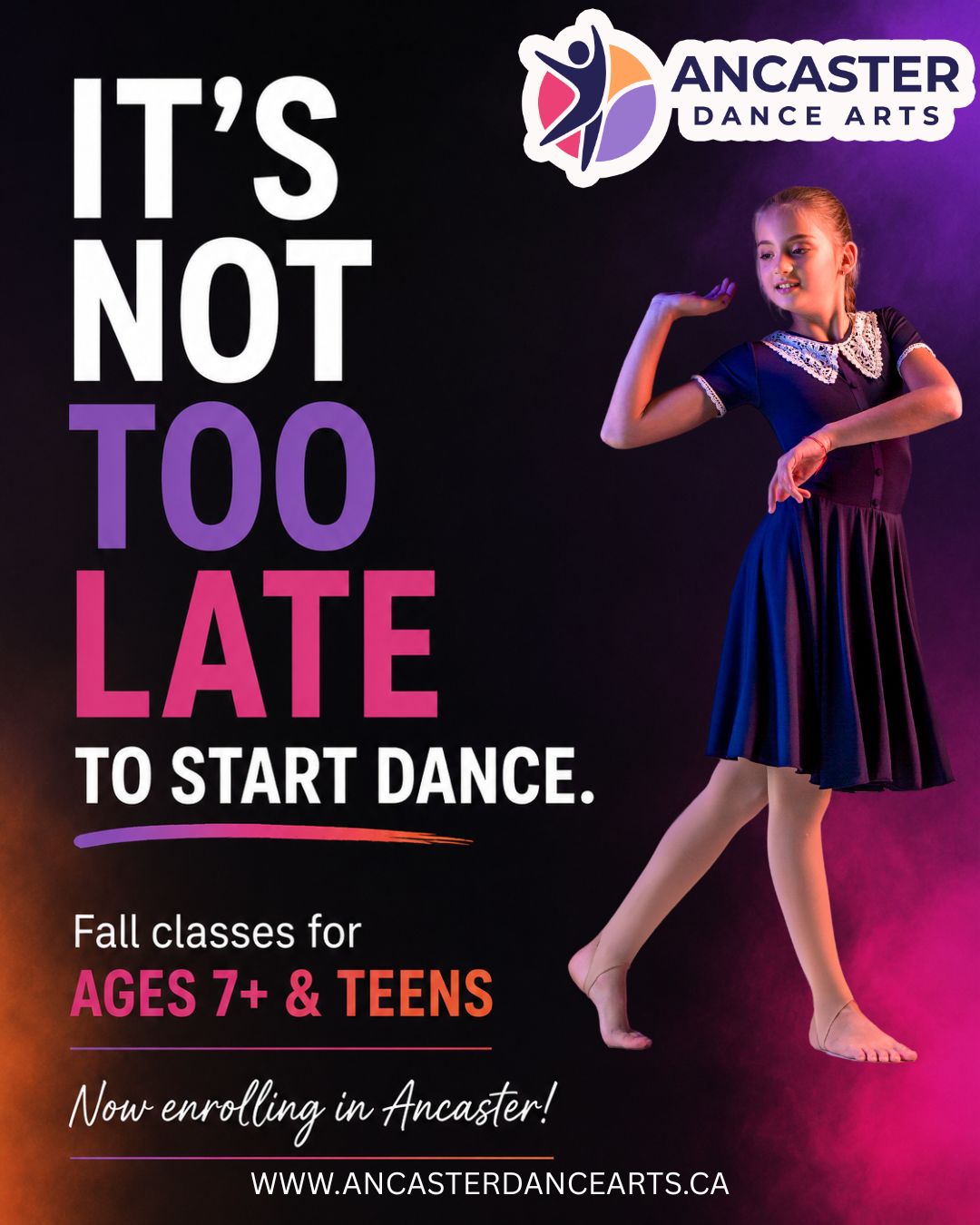 Dance classes for ages 7+ & Teens in Ancaster are enrolling now! ✨
Looking for a place where your dancer can build confidence, develop new skills, make friends and feel like they belong?
Ancaster Dance Arts is now accepting registrations for our 2026/27 Fall Dance Season, beginning September 12.
Whether your dancer is trying dance for the first time, returning after some time away, or looking for a new studio, we have options for ages 7+ and teens in:
Acro • Hip Hop • Jazz • Musical Theatre • Ballet • Lyrical • Contemporary • Tumbling
New to dance? It's not too late to start.
We welcome dancers with a variety of experience levels and would be happy to help you find the right class.
⭐ Interested in competitive dance?
A few opportunities also remain on our 2026/27 Competitive Team for dancers looking for more focused training, choreography, performances and competitions.
📍 Ancaster Dance Arts
1412 Sandhill Drive, Ancaster, Ontario
Welcoming dancers from Ancaster, Hamilton, Dundas, West Hamilton and surrounding communities.
Fall classes begin September 12
Register for recreational classes online:
www.ancasterdancearts.ca
Competitive inquiries:
ancasterdancearts@gmail.com
Not sure which class is right for your dancer? Send us a message with their age and what they're interested in, and we'll help you find the best fit.
Come dance with us this fall! 💜
#AncasterDance #AncasterDanceClasses #DanceClassesAncaster #AncasterOntario #HamiltonDance