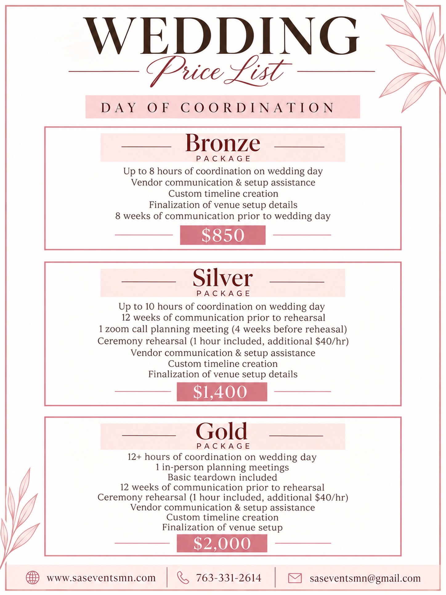 ✨ 2027 WEDDING PRICING IS HERE! ✨
We’re officially booking 2027 weddings! 🤍 From day-of coordination to making sure every detail runs smoothly, we’re here to make your wedding day feel effortless and unforgettable.
Our 2027 Day of Coordination packages are now available — Bronze, Silver & Gold, with options to fit your planning needs. 💍
📩 Ready to chat? Send us a DM or reach out at
🌐 www.saseventsmn.com
📞 763-331-2614
✉️ saseventsmn@gmail.com
Now booking 2027! 🥂✨