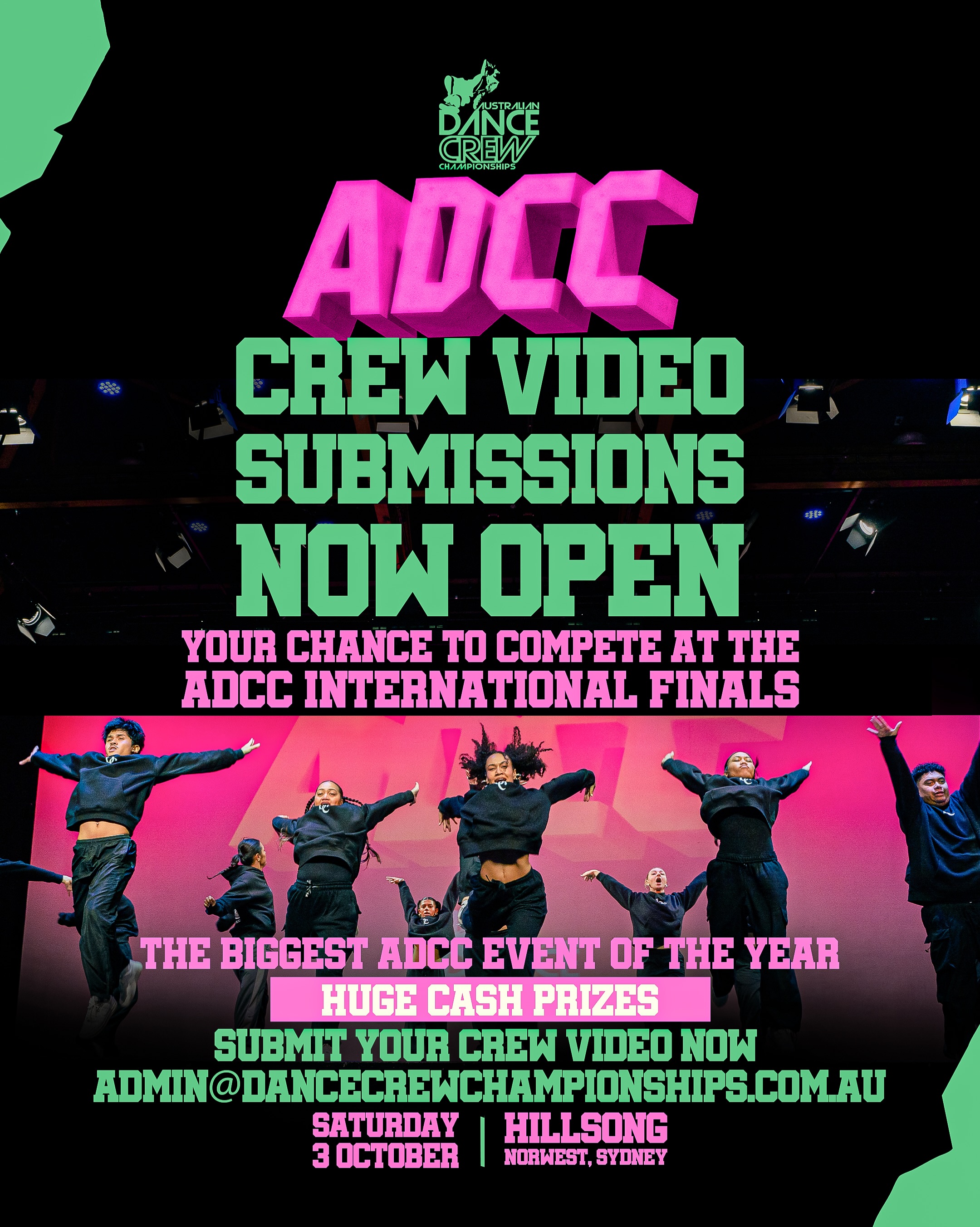 Opening x 10 spots only for Crew Video Subs. This is your chance to be part of our big Finals in Sydney - 3 October 🏆
KIDZ, JUNIOR, VARSITY, JVM, OPEN & MONSTER CREW DIV SPOTS AVAILABLE. Email your video submission to our email for more details on entry. Don’t wait too long. Once we reach capacity, we can’t offer any more. Road 2 the Finals 🤛🏽 #ADCC26