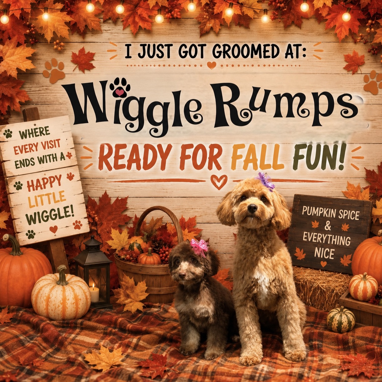 Okay… we may be a little early for fall, but these two said they were done with summer and ready for pumpkin spice, cozy sweaters, and crunchy-leaf zoomies! 🍂🎃🐾
Our fall photo backdrop has officially arrived at Wiggle Rumps—because apparently, we don’t wait for fall… we fetch it! 😂
Freshly groomed and ready for fall fun! 🧡