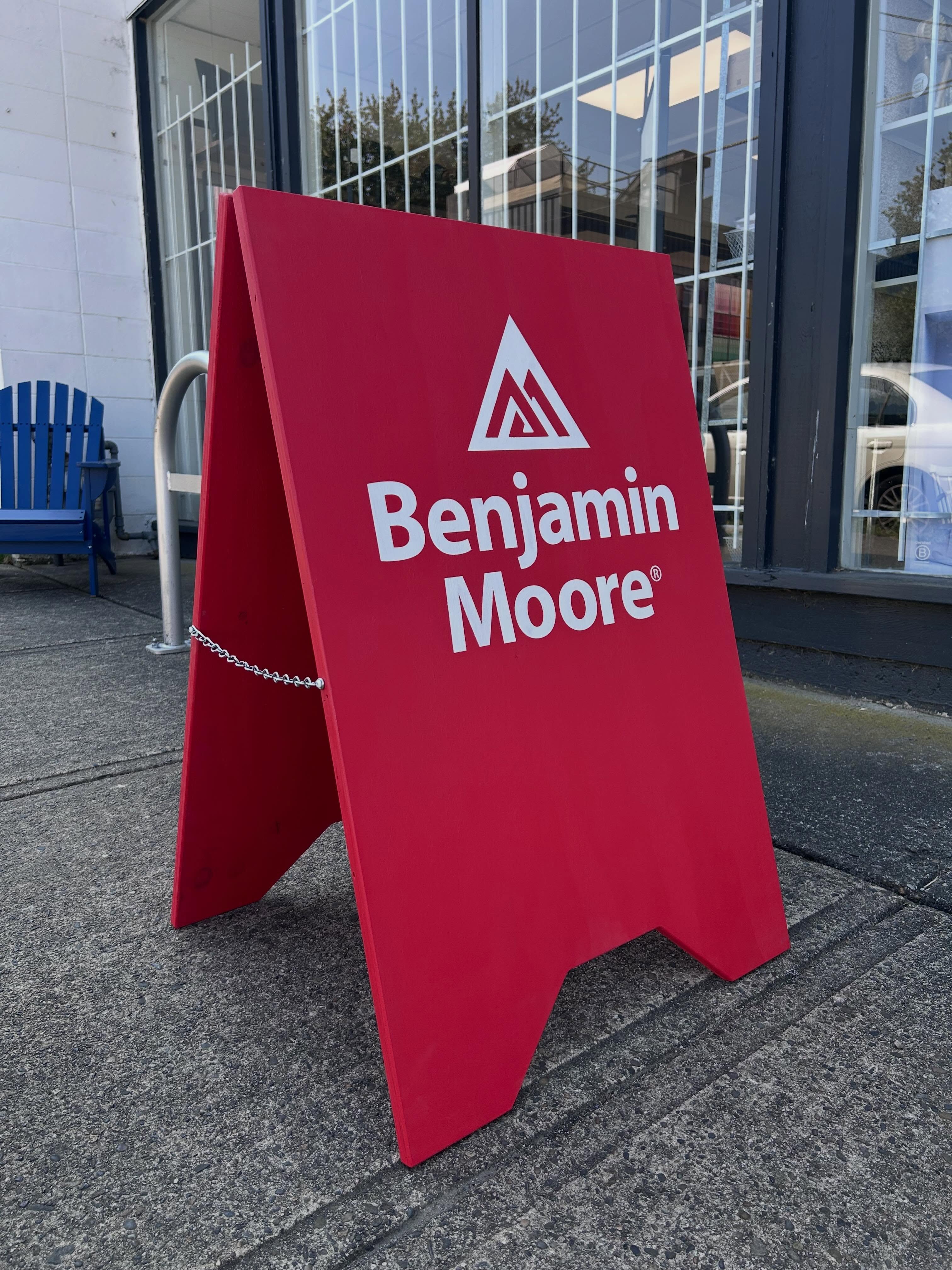 Benjamin Moore sandwich board for @greenworks_yvr made from exterior grade plywood with brand colours #benjaminmoore #sandwichboard