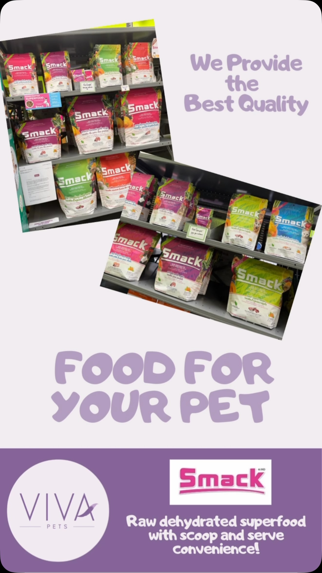 Spotlight on Smack Pet Food at Viva Pets! 🐾
We’ve carried Smack for years because it’s one of the cleanest, most nutritious options out there — raw, dehydrated meals made with whole superfood ingredients, no fillers, no grains, no synthetic vitamins.
Proudly family-owned and crafted in Winnipeg, Canada, Smack keeps pets thriving with real, honest nutrition.
Come grab your pet’s favourite blend! 🍁
#yeg #yegpets #vivapetsyeg #madeincanada #yeglocal
