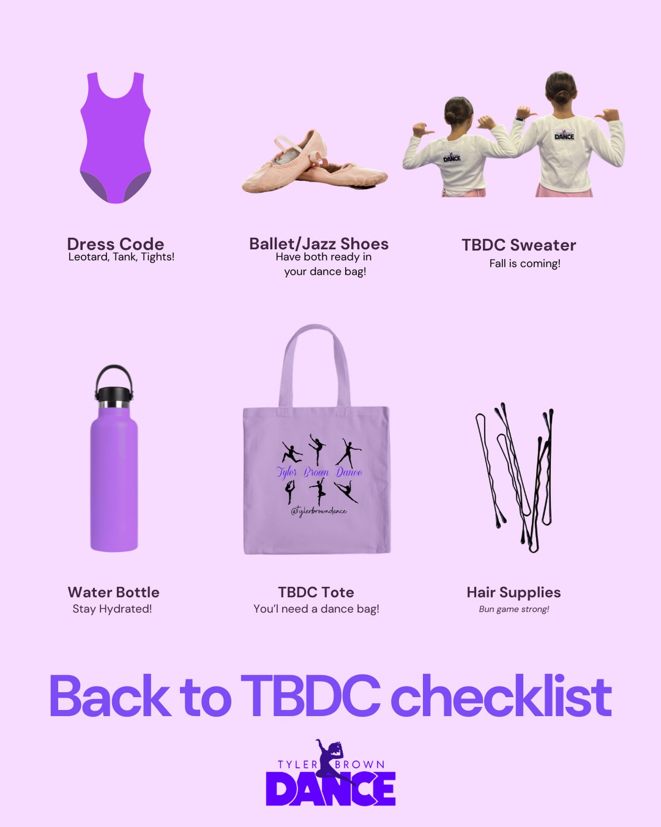 Get ready to go Back to TBDC with our checklist! Fall semester kicks off 9/9, are you ready? 😁💜
#TylerBrownDance #FallDanceClasses #NYCDance #DanceAcademy #BalletNYC