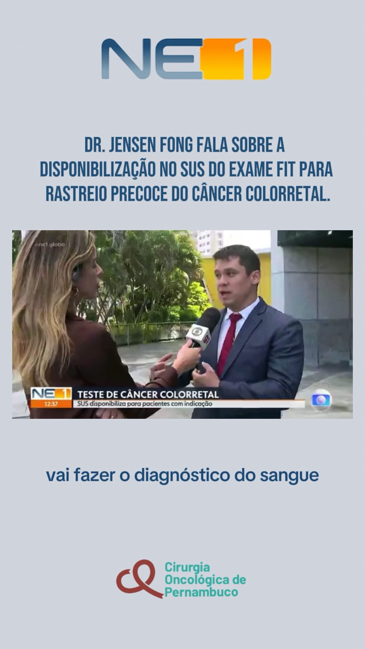 O câncer colorretal pode ser prevenido e, quando identificado precocemente, as chances de sucesso no tratamento são maiores.
Mas como fazer esse rastreamento de forma simples e acessível?
Na entrevista ao NE1 o cirurgião oncológico Dr. Jensen Fong explica o papel do FIT (teste imunoquímico fecal) no rastreamento precoce do câncer colorretal. É um exame simples, recém-disponibilizado na rede SUS, não invasivo e que pode ajudar a identificar sinais da doença antes mesmo do surgimento de sintomas.
Informação também é uma forma de prevenção. 🤝 Conte com a COP.
▶️ Confira a entrevista completa.