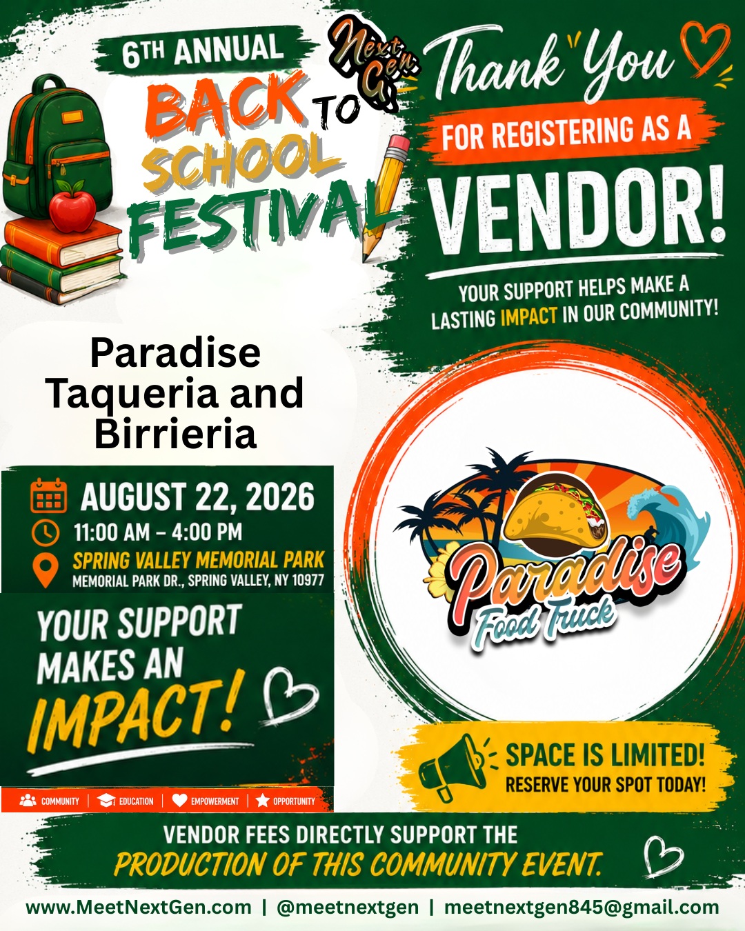 We're excited to welcome @paradise_taqueria_birrieria to the 6th Annual Meet Next Gen Back to School Festival!
Be sure to stop by their booth on Saturday, August 22, to:
• Learn more about their products and services
• Meet their team
• Take advantage of special giveaways, promotions, or resources
• Support a local business that is investing in our community
Thank you for joining us and helping make this year's festival a success. We appreciate your commitment to serving the families of Rockland County.
Join us for a day of community, family fun, and back-to-school excitement!
6th Annual Meet Next Gen Back to School Festival
Saturday, August 22, 2026
11:00 AM – 4:00 PM
Spring Valley Memorial Park
Spring Valley, NY
Admission is FREE!
#VendorSpotlight #RocklandCounty #BackToSchoolFestival #ShopLocal #BackToSchool2026