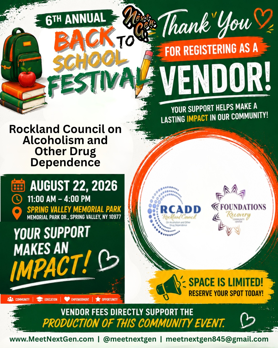 We're excited to welcome Rockland Council on Alcoholism and Other Drug Dependence to the 6th Annual Meet Next Gen Back to School Festival!
Be sure to stop by their booth on Saturday, August 22, to:
• Learn more about their products and services
• Meet their team
• Take advantage of special giveaways, promotions, or resources
• Support a local business that is investing in our community
Thank you for joining us and helping make this year's festival a success. We appreciate your commitment to serving the families of Rockland County.
Join us for a day of community, family fun, and back-to-school excitement!
6th Annual Meet Next Gen Back to School Festival
Saturday, August 22, 2026
11:00 AM – 4:00 PM
Spring Valley Memorial Park
Spring Valley, NY
Admission is FREE!
#VendorSpotlight #RocklandCounty #BackToSchoolFestival #ShopLocal #BackToSchool2026