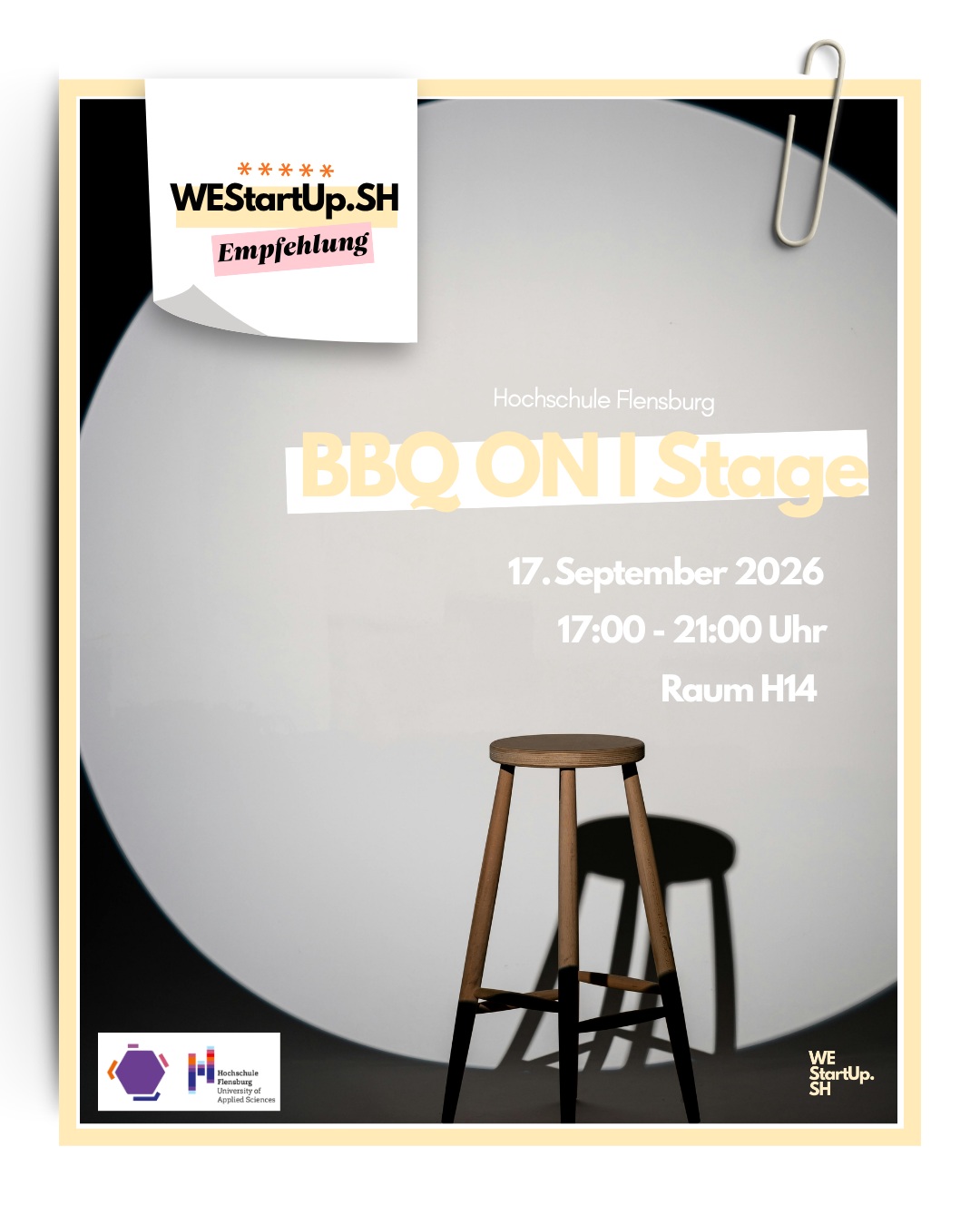 📣 Event-Tipp für die Flensburger Startup-Community! 📣
Pitching, Gründungsideen, BBQ & Networking? Klingt nach einem gelungenen Abend! 🚀
Beim „BBQ ON | STAGE“ des Studiengangs Gründung, Innovation, Entwicklung (@gie_hsfl) der Hochschule Flensburg treffen Studierende, Gründungsteams und Start-ups aus der Region aufeinander.
🎤 Freut euch auf spannende Pitches,
💡 neue Gründungsideen,
🤝 Networking & Austausch
🌭 und natürlich BBQ und Getränke!
📍 Hochschule Flensburg, H-Gebäude
🕔 17:00 Uhr Einlass | 17:30 Uhr Bühnenprogramm | ab 19:00 Uhr Networking & BBQ
👉 Die Anmeldung fürs Publikum folgt in Kürze.
Du möchtest selbst pitchen oder dein Start-up vorstellen? Dann kannst du dich direkt beim GIE-Team unter gie@hs-flensburg.de melden.
Unser Tipp: Vorbeischauen, inspirieren lassen und die regionale Startup-Community kennenlernen! 💙
#WEstartupSH #EventTipp #BBQONSTAGE #GIE #HochschuleFlensburg #StartupSH #Flensburg #Gründung #Networking