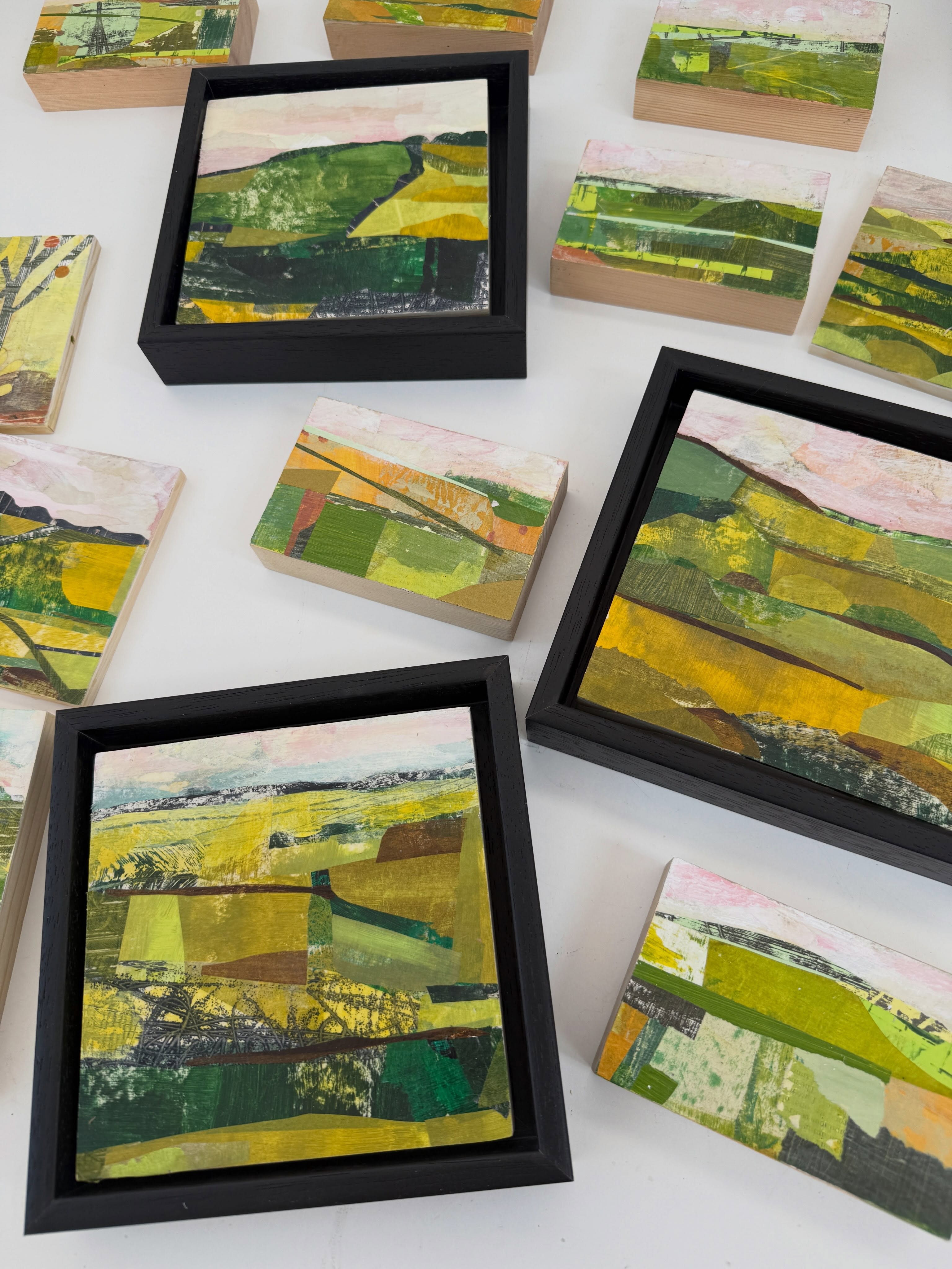 Sometimes the smallest adjustments make the biggest difference!
I’ve been working on these landscapes on and off for a few weeks. They were originally inspired by the patchwork of green fields around us, though the view has shifted as we’re now in real need of rain.
It may be on the way, which would be a welcome change!
In the meantime, it’s all about framing, labelling, publicity and pushing everything forward for our @northantsrutlandos Open Studios—just a few weeks away now. Looking forward to sharing @jackie.cheetham beautiful studio and showing work alongside @tchamberlain.studio fused glass jewellery
That final flurry before an exhibition is always the same, and it’s often the smallest tweaks that make the biggest impact.
And of course, it’s decision time with the framing too…!
I’ve been popping them into black frames and, as they have quite a graphic feel, I think they might be just be the job! What do you think?
Of course, I’ll order the white frames too and see what I think. Sometimes you just have to try them both and let the artwork decide… follow along and you can help me decide.
I’ll add it to the very long list…