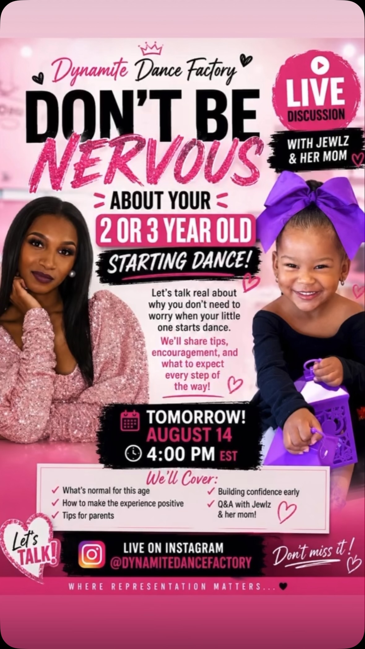 πΆ Take me thereβ¦ πΆ
Take your 2 or 3-year-old to Dynamite Dance Factory ππ©°
Nervous about starting your little one in dance? Wondering if theyβre too young, if theyβll actually participate, or what you should expect?
Tomorrow at 4 PM, we are going LIVE with Jewlz and her mom to talk about what starting dance at this age really looks like. The watching. The wandering. The warming up. The BIG personality. ππ Itβs all part of the process.
Come hear from a real DDF mom and learn why you donβt have to be nervous about taking that first step.
π LIVE on Instagram
β° Tomorrow | 4 PM
π @dynamitedancefactory
Take me thereβ¦ take your little one to DDF. π