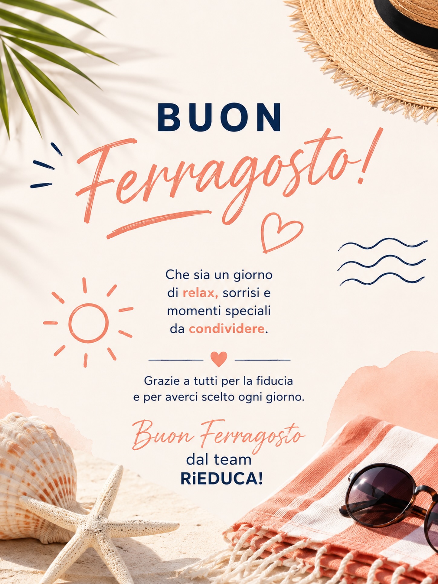 ☀️ Buon Ferragosto da tutto il team RiEDUCA! 💛
Prendetevi il tempo per stare bene, ricaricare le energie e godervi questa giornata speciale.
Ci vediamo presto, pronti a rimetterci in movimento insieme! 🧡
#RiEDUCA #SaluteInMovimento #BuonFerragosto #Ferragosto #Urbino