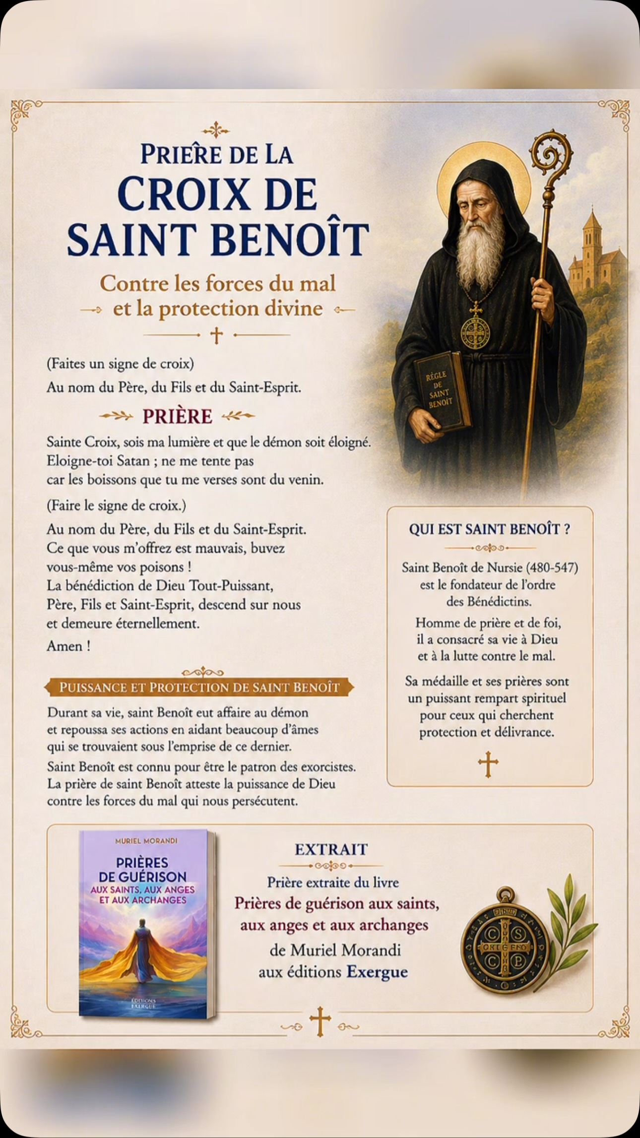 Prière de la Croix de Saint Benoît contre les forces du mal et pour la protection divine ✝️
Écrivez « Amen » en commentaire si vous vous unissez à cette prière. ❤️
Une prière puissante pour demander à Dieu sa protection, éloigner le mal et garder la foi dans les épreuves.
Prière extraite du livre Prières de guérison aux saints, aux anges et aux archanges de Muriel Morandi, aux Éditions Exergue.
#SaintBenoît #PriereSaintBenoit #PriereDeProtection #ProtectionDivine #PrierePuissante