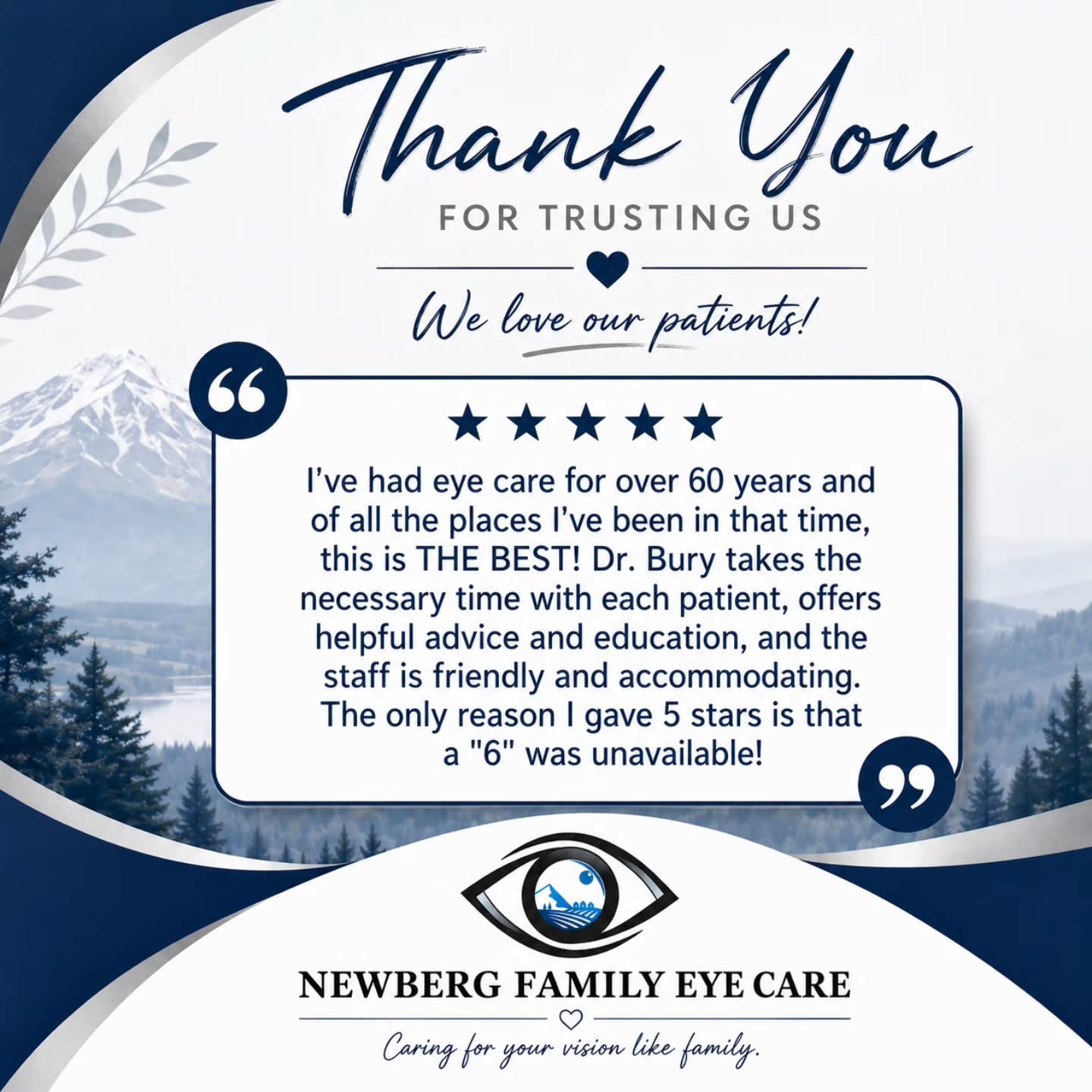 Reviews may seem like a small gesture, but to a small business like ours, they are HUGE!
We put our hearts into everything we do, so when someone takes the time to share their experience, it truly means the world to us 😊
We really do have the best patients!
❤️ Grateful. Thankful. Blessed. ❤️
#bestpatients #beststaff #lovelanguage #newbergfamilyeyecare #travelingeyedoc