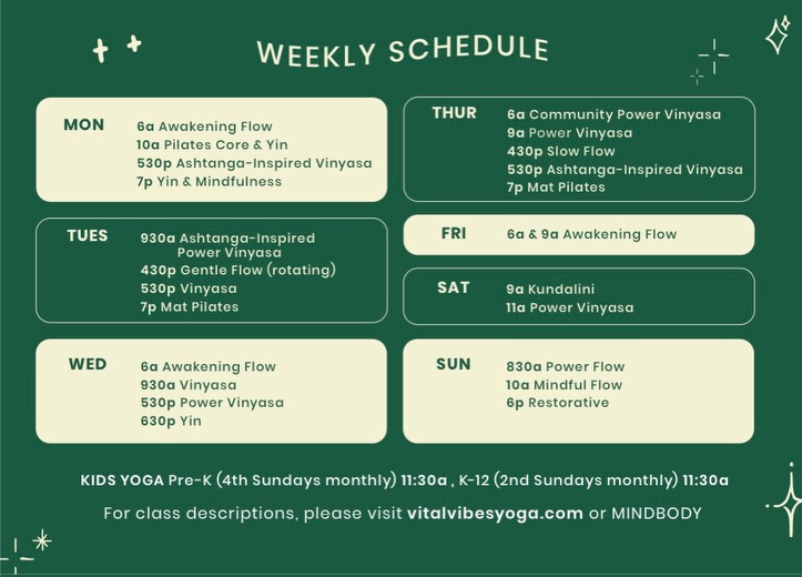 ✨ your weekly dose of vital vibes ✨
whether you’re looking to build strength, slow down, breathe deeper, move with intention, find community, or simply carve out a little time for yourself… there’s a place for you here.
save this post, screenshot the schedule, and come practice with us! 🧘♀️🌿
all levels welcome | multiple styles | movement + mindfulness | community + connection
📍 vital vibes yoga
check class descriptions + preregister through mindbody or vitalvibesyoga.com
come as you are… leave a little more empowered. 💚
#vitalvibesyoga #toledoyoga #yogaforall #yogacommunity #mindbodywellness