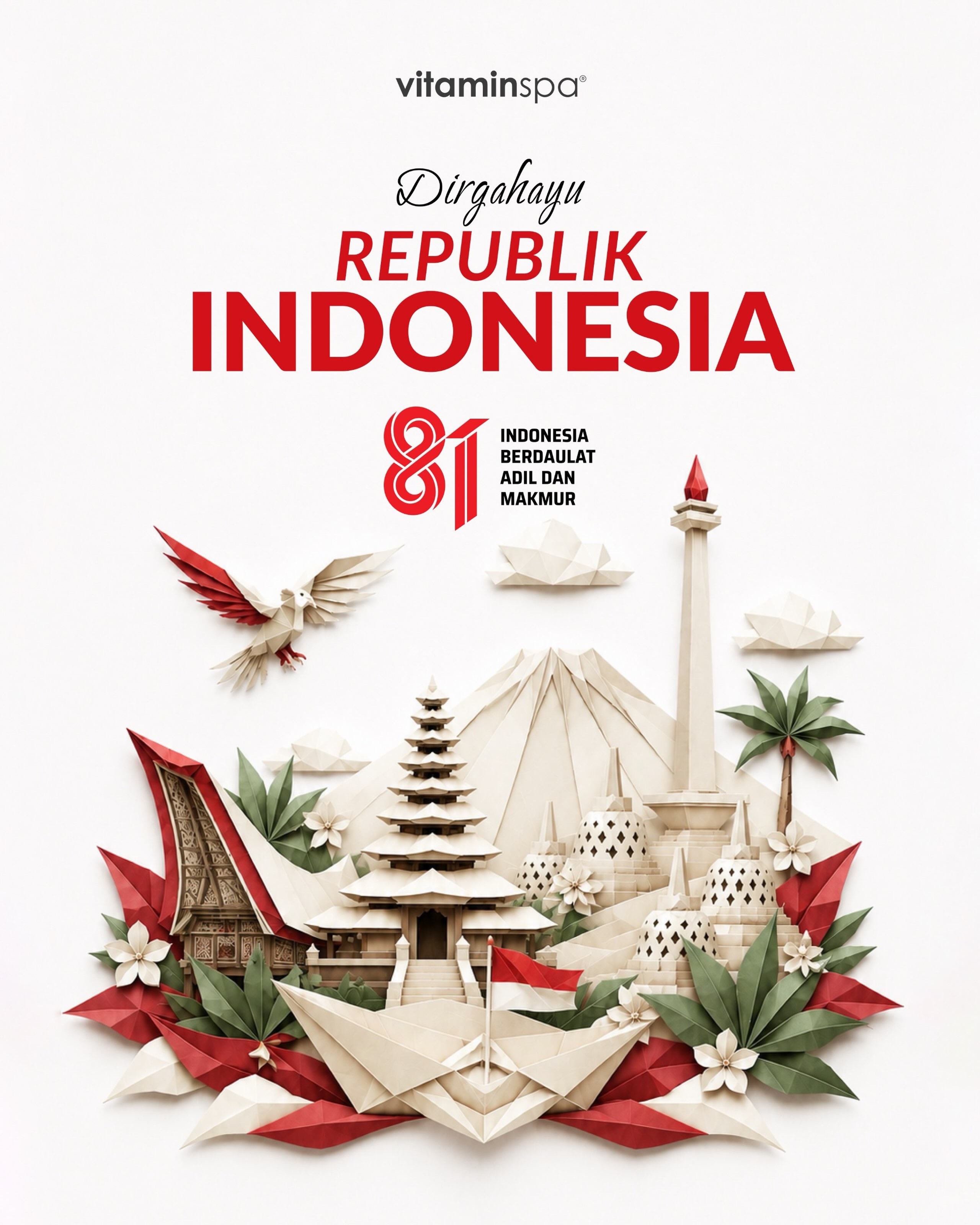 Happy 81st Independence Day, Indonesia! 🇮🇩
Today, we celebrate Indonesia’s resilience, diversity, and spirit of innovation.
Vitaminspa believe that wellbeing is part of building a better future, where people, communities, and the environment can thrive together.
Here’s to celebrating our journey, embracing our diversity, and inspiring a healthier, brighter Indonesia for generations to come.
Dirgahayu Republik Indonesia! 🇮🇩✨
#TravelWellnessSystem #WellnessBeyondTheSpa #Vitaminspa #GoodForYouandThoseAroundYou