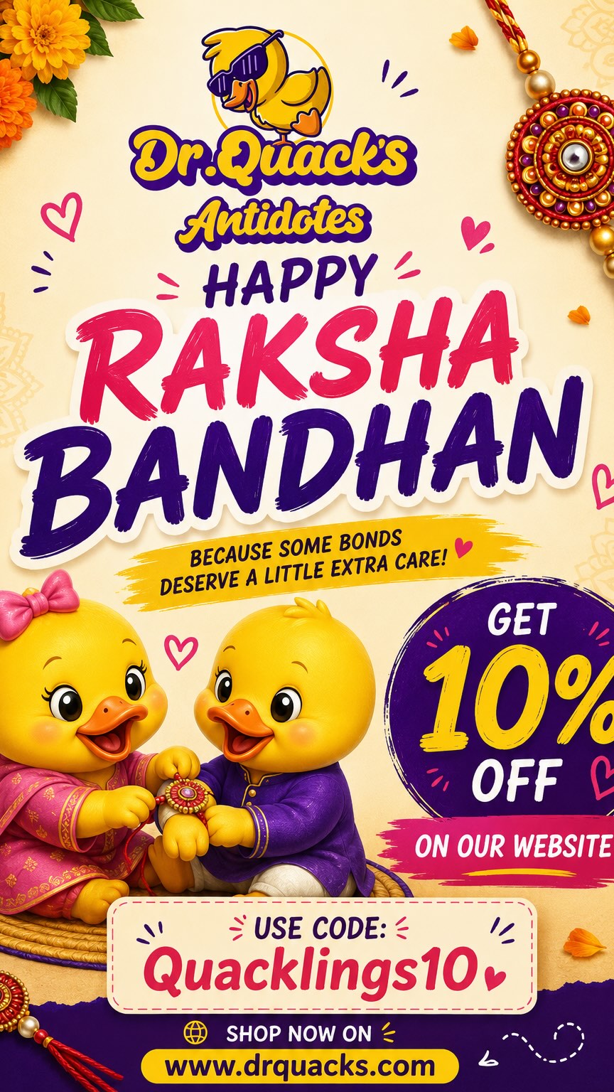 Brothers, sisters, and skincare — the perfect Rakhi trio ✨
Celebrate the bond that glows forever with *10% OFF sitewide*
Use code *Quacklings10* at http://www.drquacks.com
Valid till 29th Aug
Because good skin + good siblings = forever 🥰
Dr. Quack’s Antidotes
#Rakhi2026 #RakshaBandhan #GlowTogether #SiblingLove #DrQuacks SkincareIndia Quacklings10 IndianSkincare RakhiGifting CleanBeauty FestiveGlow BrotherSisterBond
