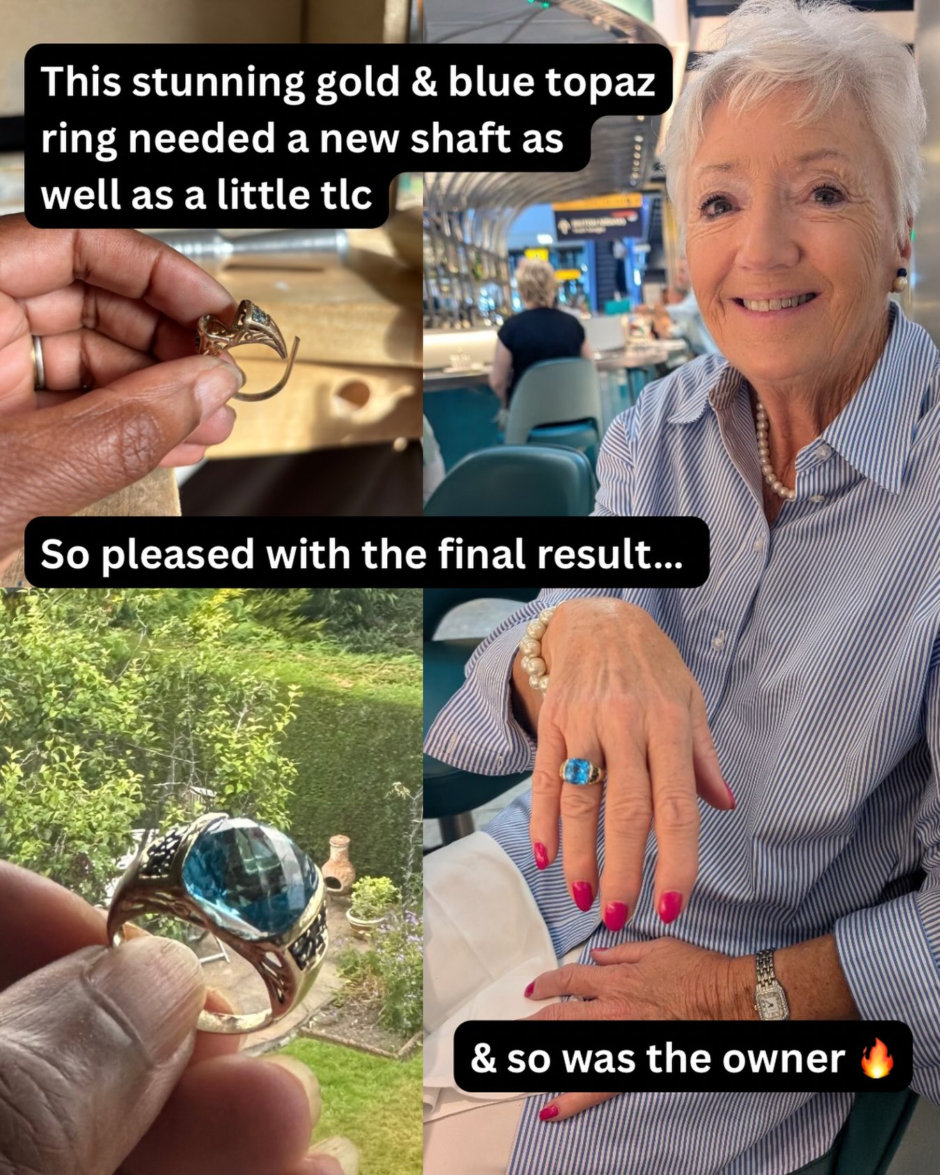 ✨ Restored to its former glory ✨
This beautiful gold & blue topaz ring arrived in my workshop in need of some serious TLC. The original ring shaft had broken and fallen away, and one of the smaller topaz stones was also missing from the cluster surrounding the stunning central stone.
The owner wanted to restore this much-loved ring to its former glory, so I carefully fitted a new ring shaft and replaced the missing topaz, giving this special piece a new lease of life. 💙✨
I was absolutely thrilled with the final result — but even more so was the owner! And that smile says it all. 🔥❤️
I love being able to breathe new life into jewellery that already has a story. Rather than being forgotten away in a jewellery box, treasured pieces can often be restored, repaired and loved all over again.
If you have a piece of jewellery that needs some TLC, or perhaps an old or broken piece you’d love to bring back to life, get in touch with Silver by Golden. ✨
#SilverByGolden #JewelleryRestoration #JewelleryRepair #HandcraftedJewellery #JewelleryWithMeaning